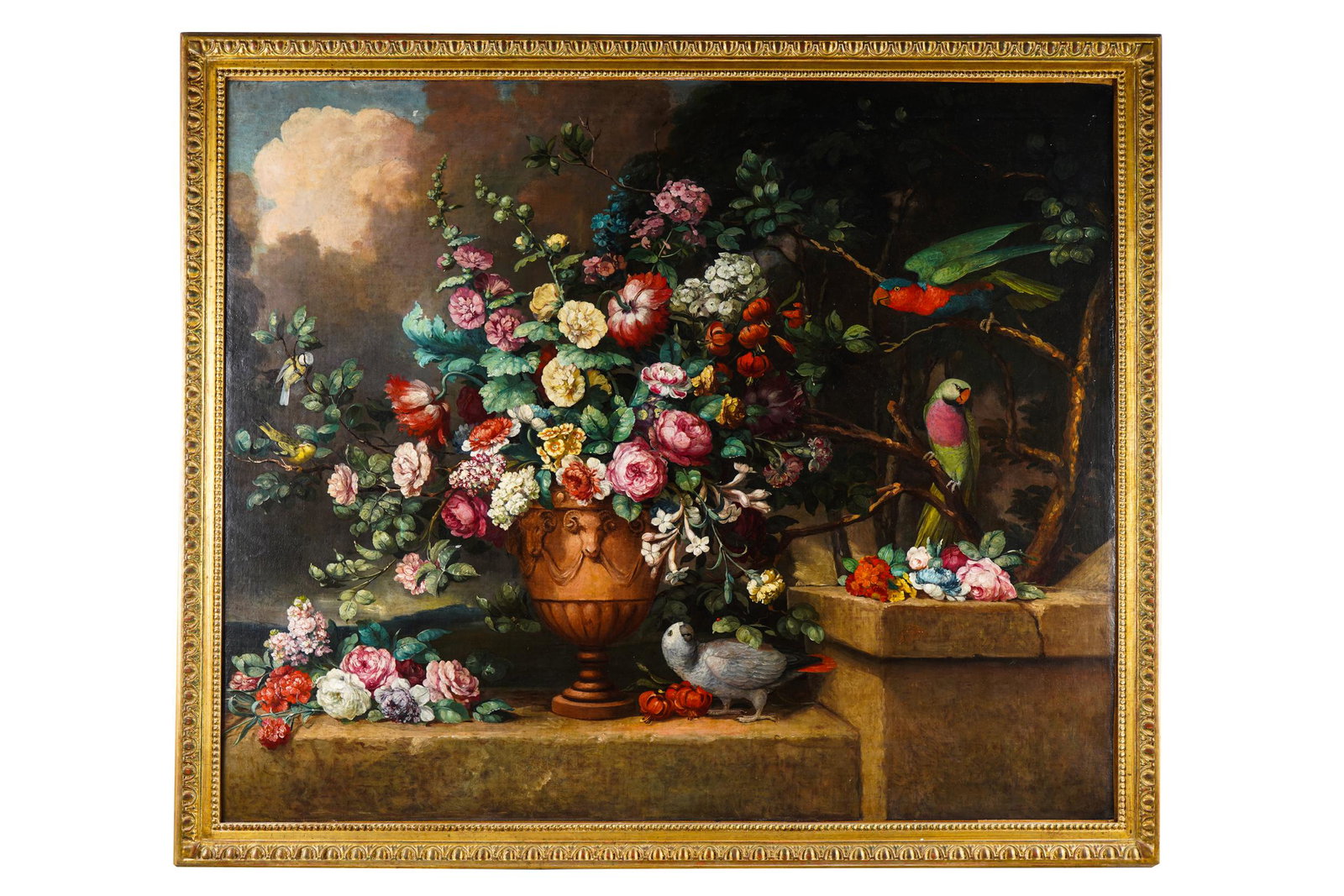 CONTINENTAL SCHOOL: FLORAL STILL LIFE WITH PARROTS: oil on canvas, unsigned 40 x 48 inches canvas; 45 x 52 1/2 inches frame