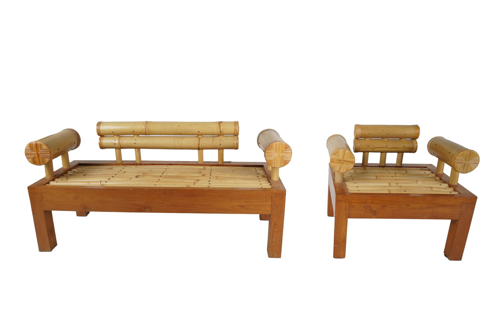 WOOD & BAMBOO SEATING GROUP: comprising a settee and an armchair Condition: scattered scratches, abrasions and nicks. The settee with areas of cracking and lifting to right-hand side of rear edge and corner of seat. the settee: 6