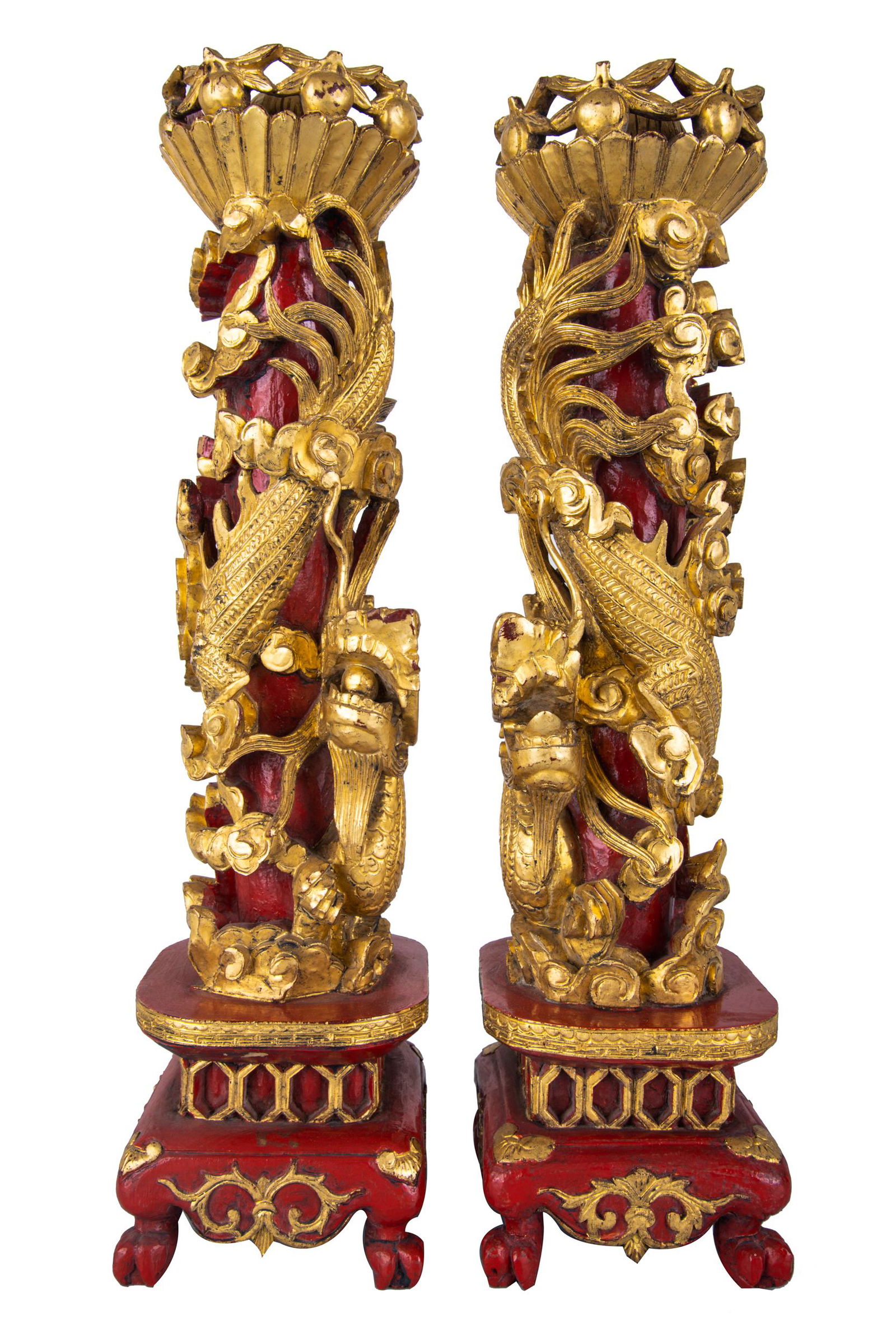 PAIR CHINESE GILT & RED-PAINTED WOOD CANDLESTICKS (1 of 11)