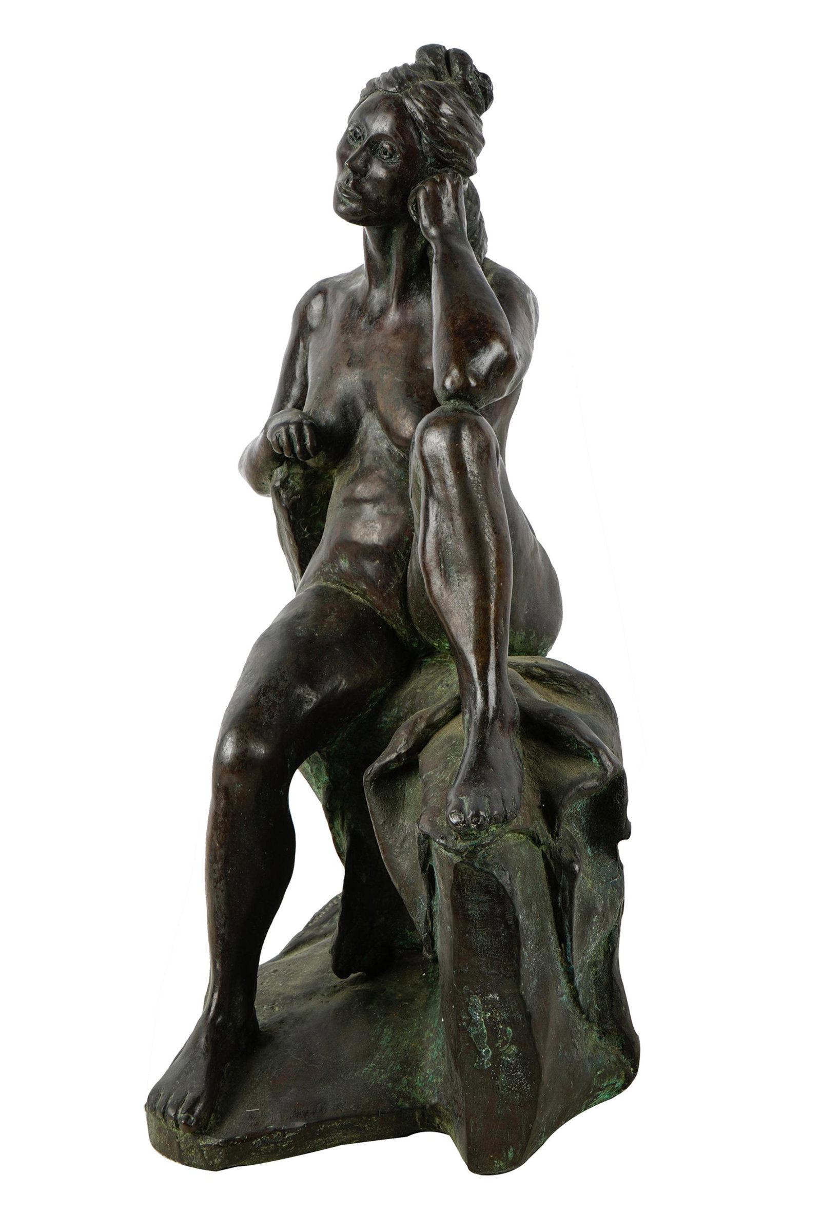 BRONZE FIGURE OF A SEATED NUDE: 1982 signed "Dom Nanon", dated and numbered 7/9 11 1/2 inches wide; 8 1/2 inches deep; 19 1/2 inches high