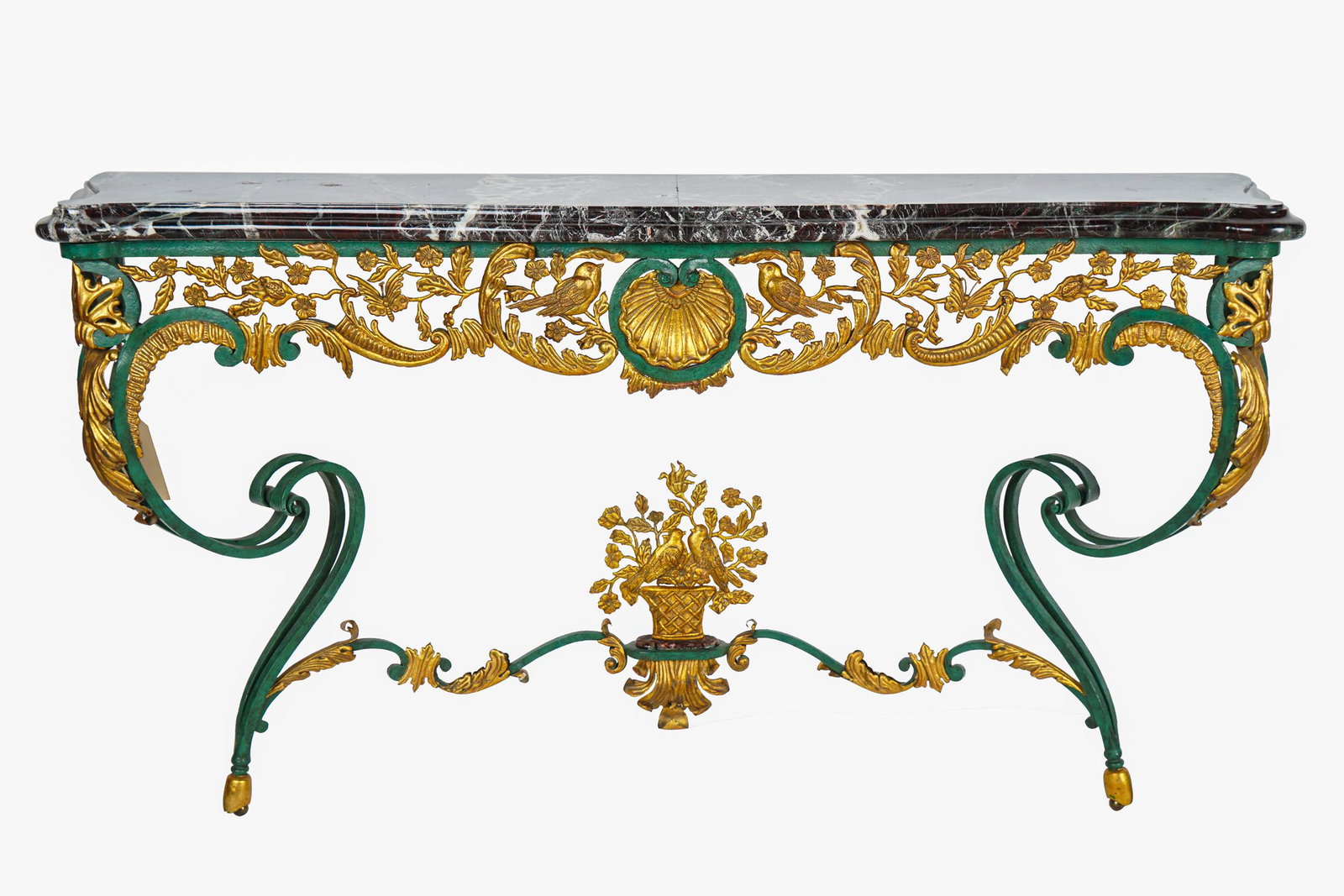 IRON & PARCEL GILT WALL CONSOLE: with fitted marble top 62 inches wide; 15 inches deep; 32 inches high