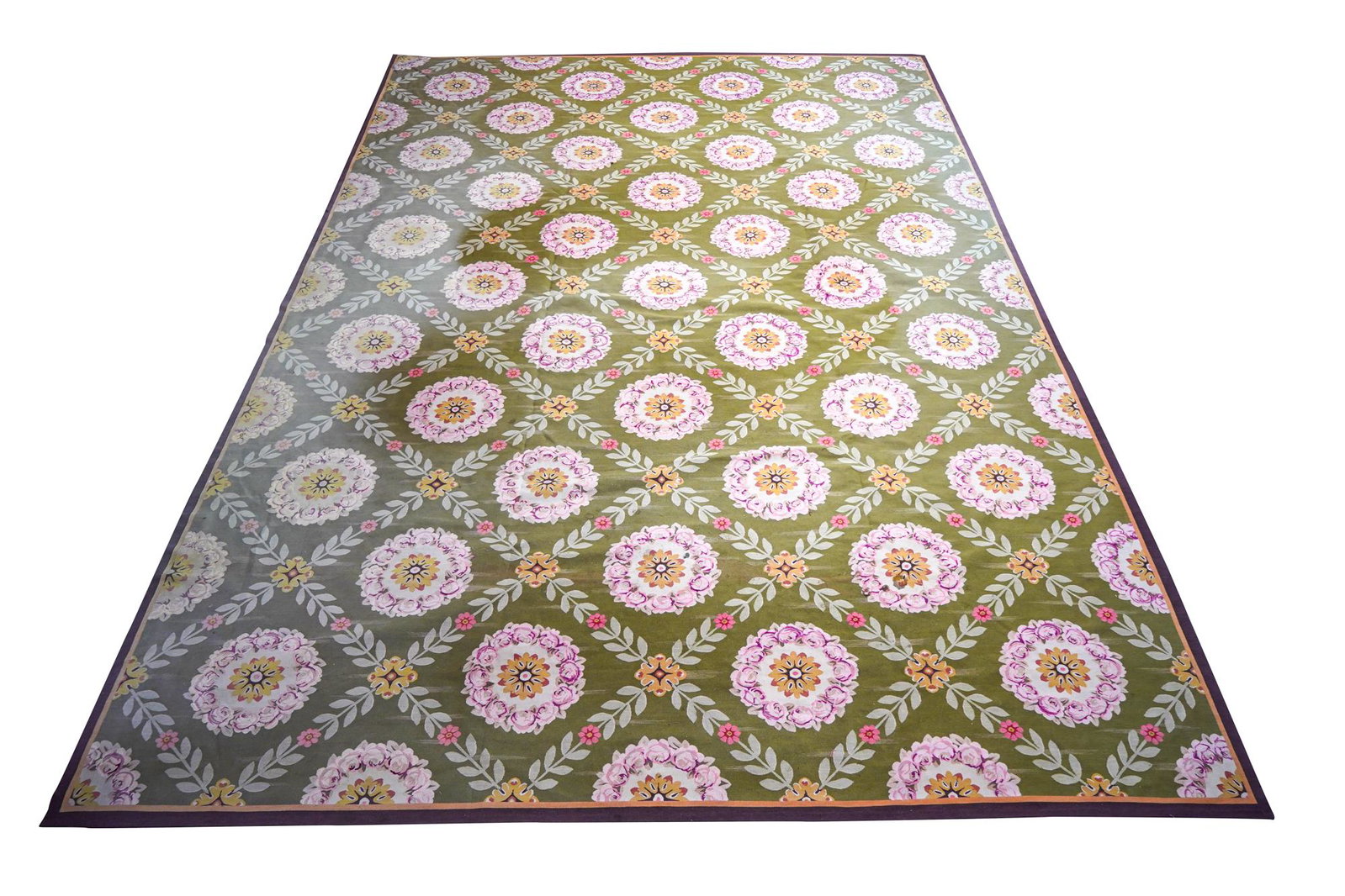 SINO-AUBUSSON STYLE TAPESTRY: depicting pink and yellow floral wreaths on a green ground 12'9" x 18'