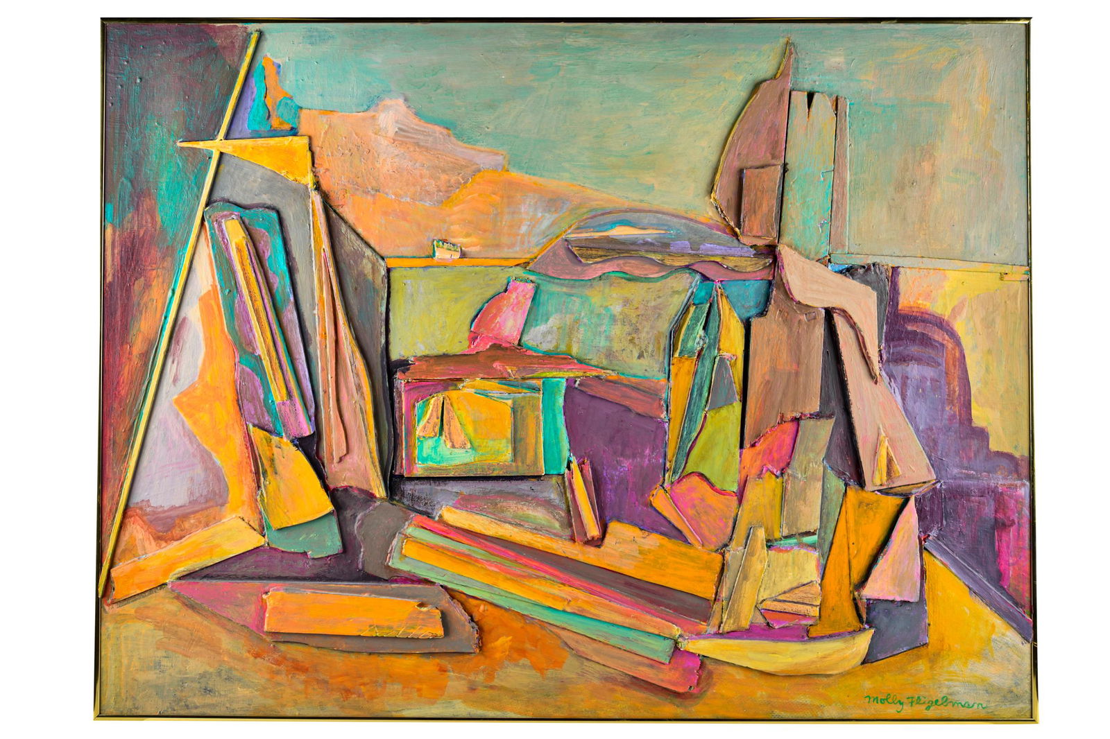 MOLLY FLIGELMAN (20TH CENTURY): ABSTRACT: mixed media collage on board signed lower right Provenance: The Estate of Arnold and Joan Travis 30 x 40 inches frame