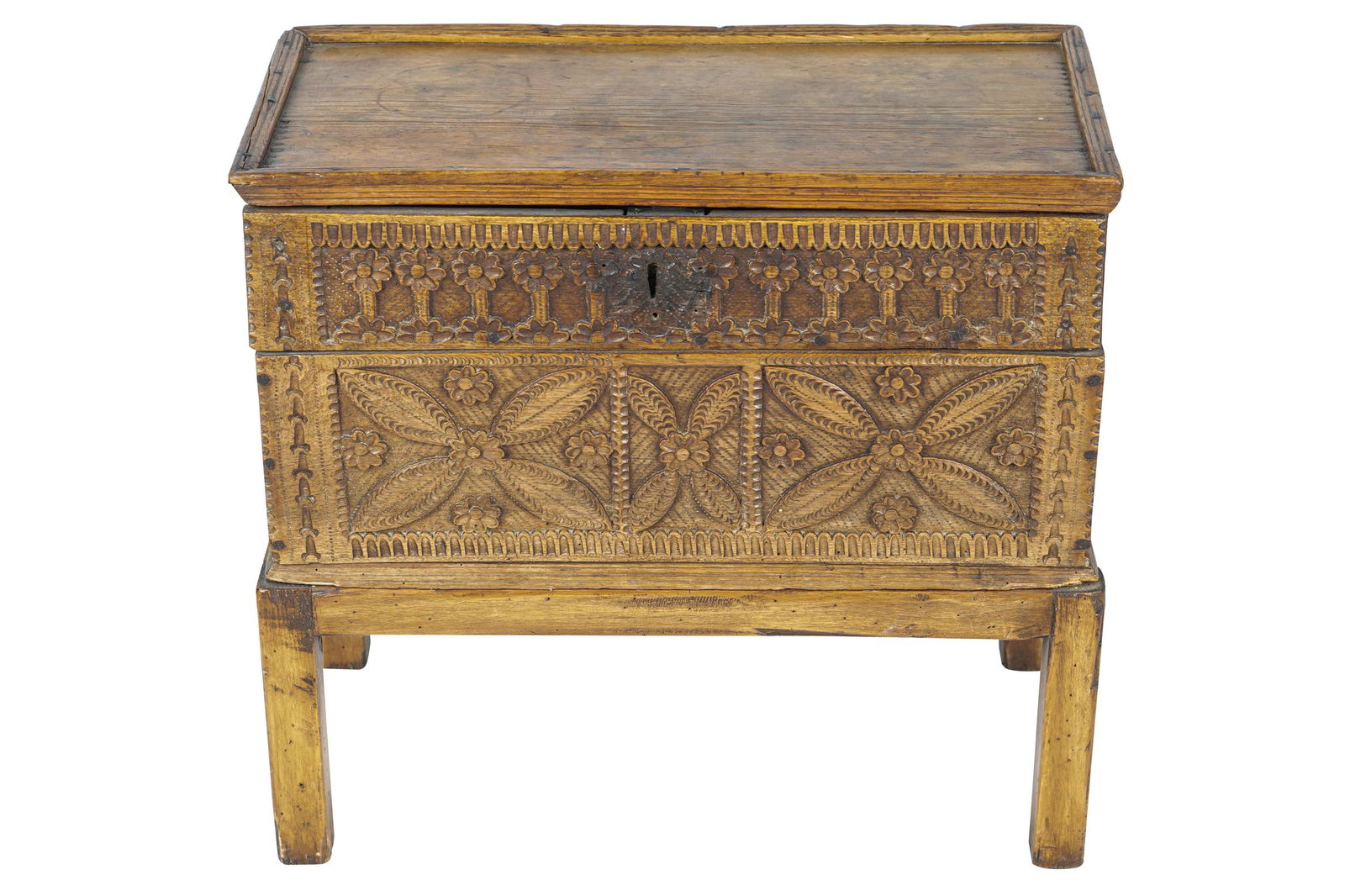 RUSTIC CARVED WOOD CHEST ON STAND (1 of 8)