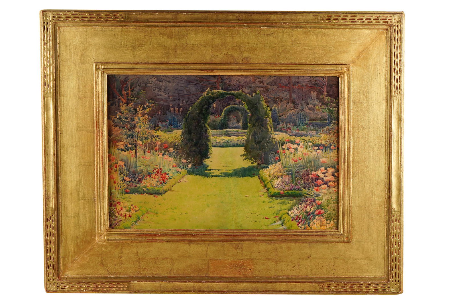 GEORGE W. DAWSON (1870 - 1938): "NEW ENGLAND GARDEN": 1909 watercolor on paper signed upper right, dated and titled to label verso Condition: framed under glass. A faint vertical line through center- possibly a crease or repair. Not examined out of frame