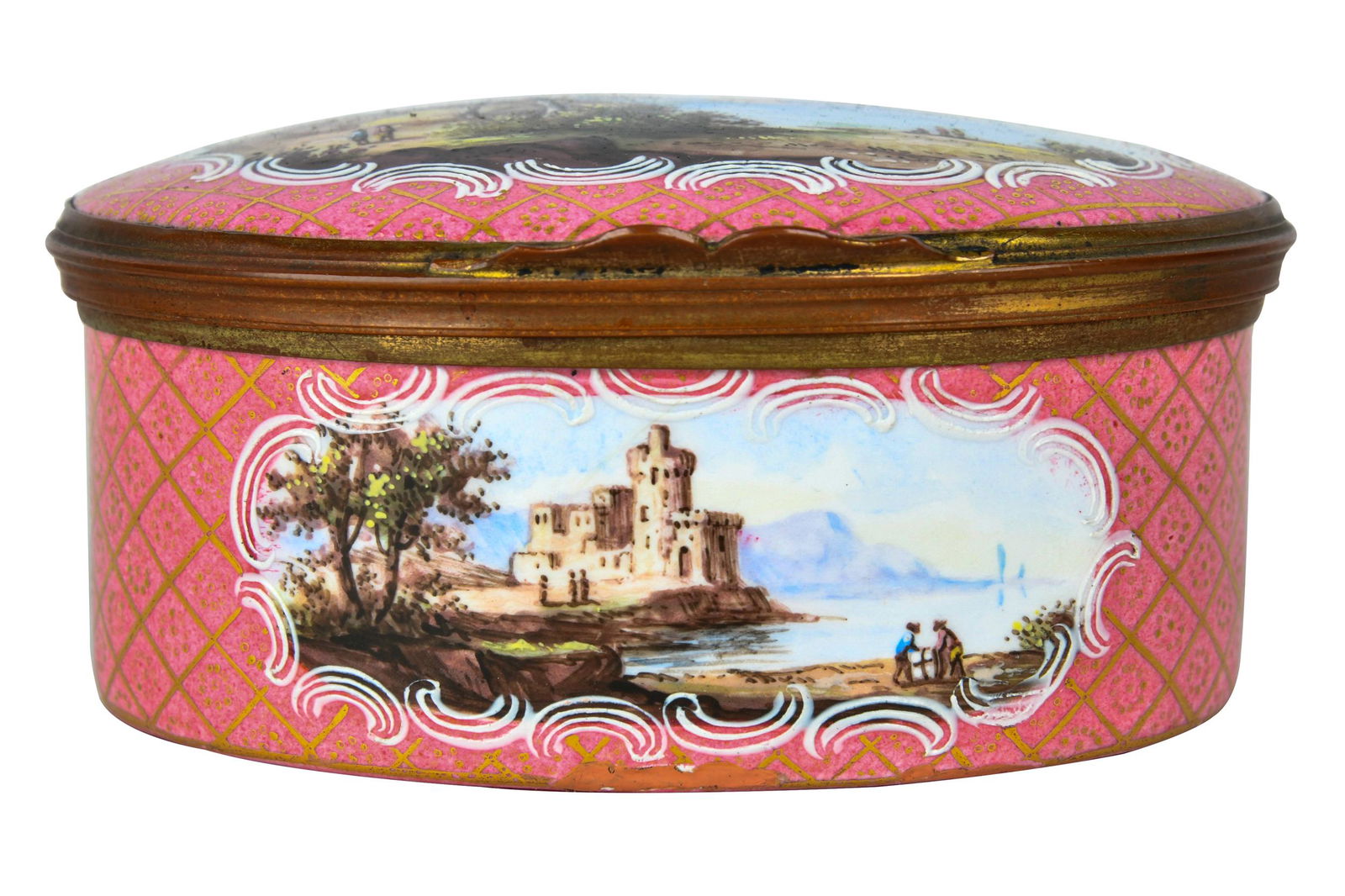 FRENCH ENAMEL LANDSCAPE BOX: with portrait of woman in wide brim hat on lid underside Condition: two repairs to front bottom rim under gilding; minor rubbed wear to gilding in some areas 3 1/2 inches wide; 2 inches high