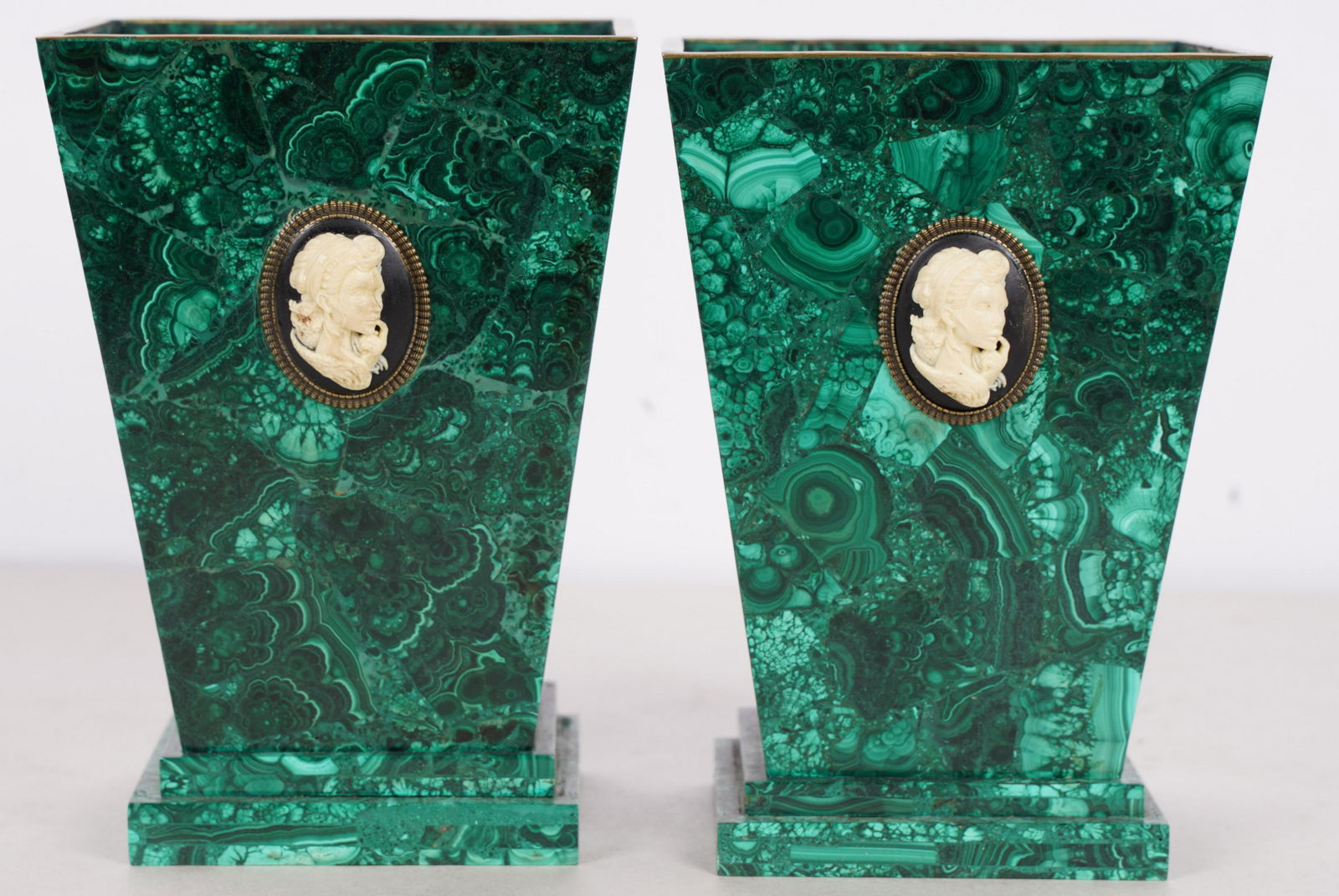 PAIR OF MALACHITE SQUARE PLANTERS: each mounted with one cameo mounted 7 1/4 inches high