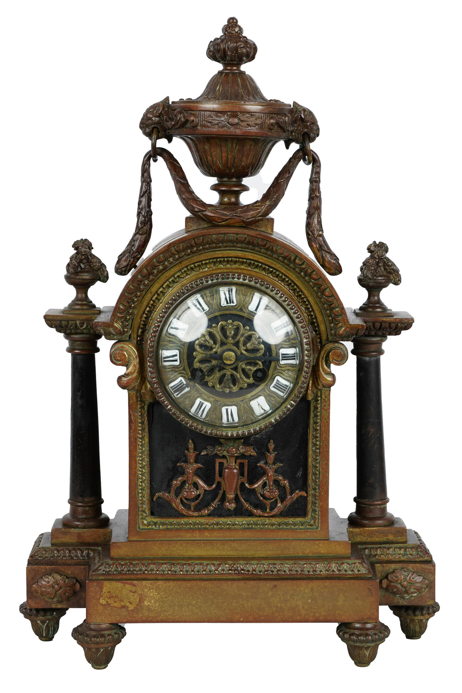 FRENCH BRONZE CLOCK: with roman numeral face 10 inches wide; 5 inches deep; 14 1/2 inches high
