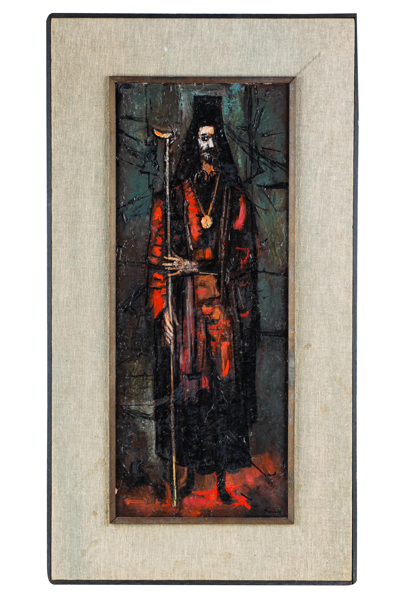 EDGAR EWING (1913-2006): "BISHOP AT THE BARBECUE": oil on panel signed lower right titled to label verso Provenance: Dalzell Hatfield Galleries, Los Angeles; Edgar Ewing label verso 26 1/2 x 10 1/2 inches; 34 1/2 x 19 inches frame