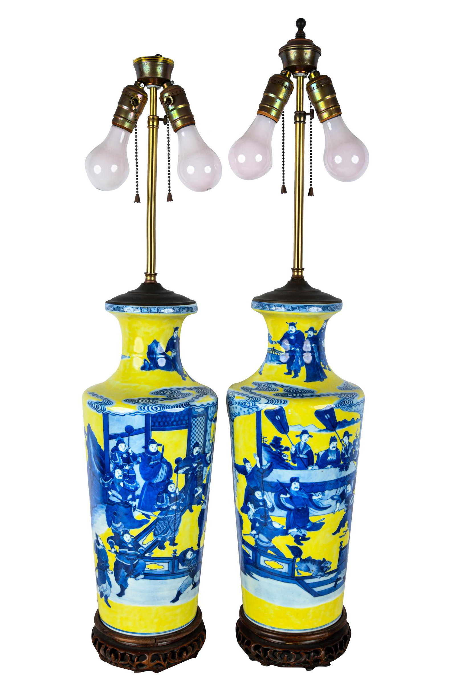 PAIR OF CHINESE YELLOW-GROUND PORCELAIN VASES: with blue and white decoration depicting figures, mounted as table lamps with twin sockets Condition: no shades. Working condition untested and unknown. each 17 1/2 inches high (not including base and
