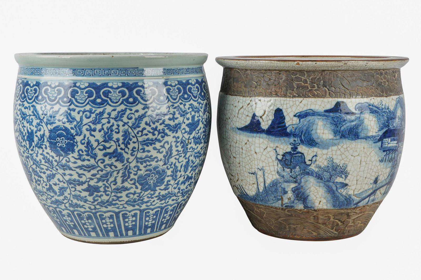 TWO ASIAN BLUE & WHITE PORCELAIN FISH BOWLS (1 of 13)