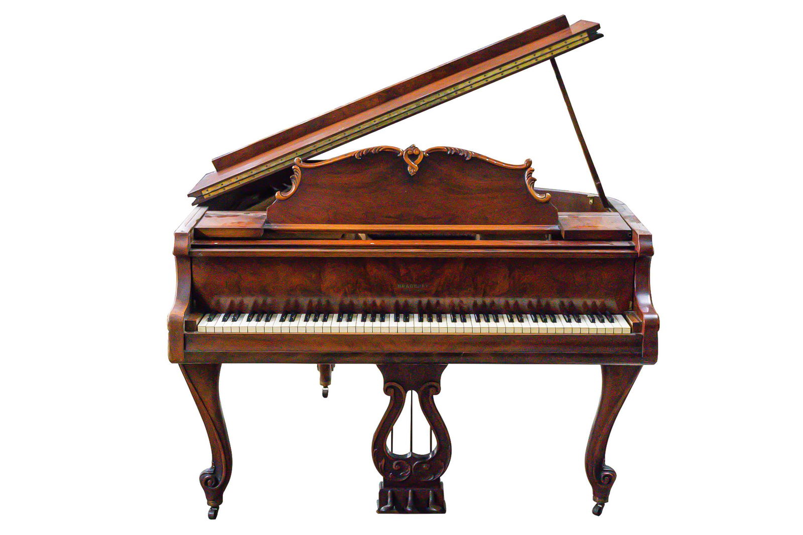 BRADBURY CARVED WALNUT GRAND PIANO: serial number 115494; 54 1/2 inches wide; 60 inches deep