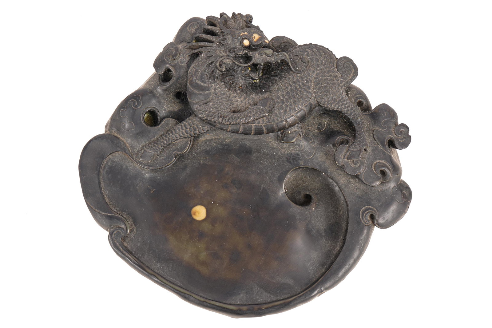 CHINESE INKSTONE: seal mark to underside, with dragon decoration 9 inches wide; 9 inches deep; 2 1/4 inches high
