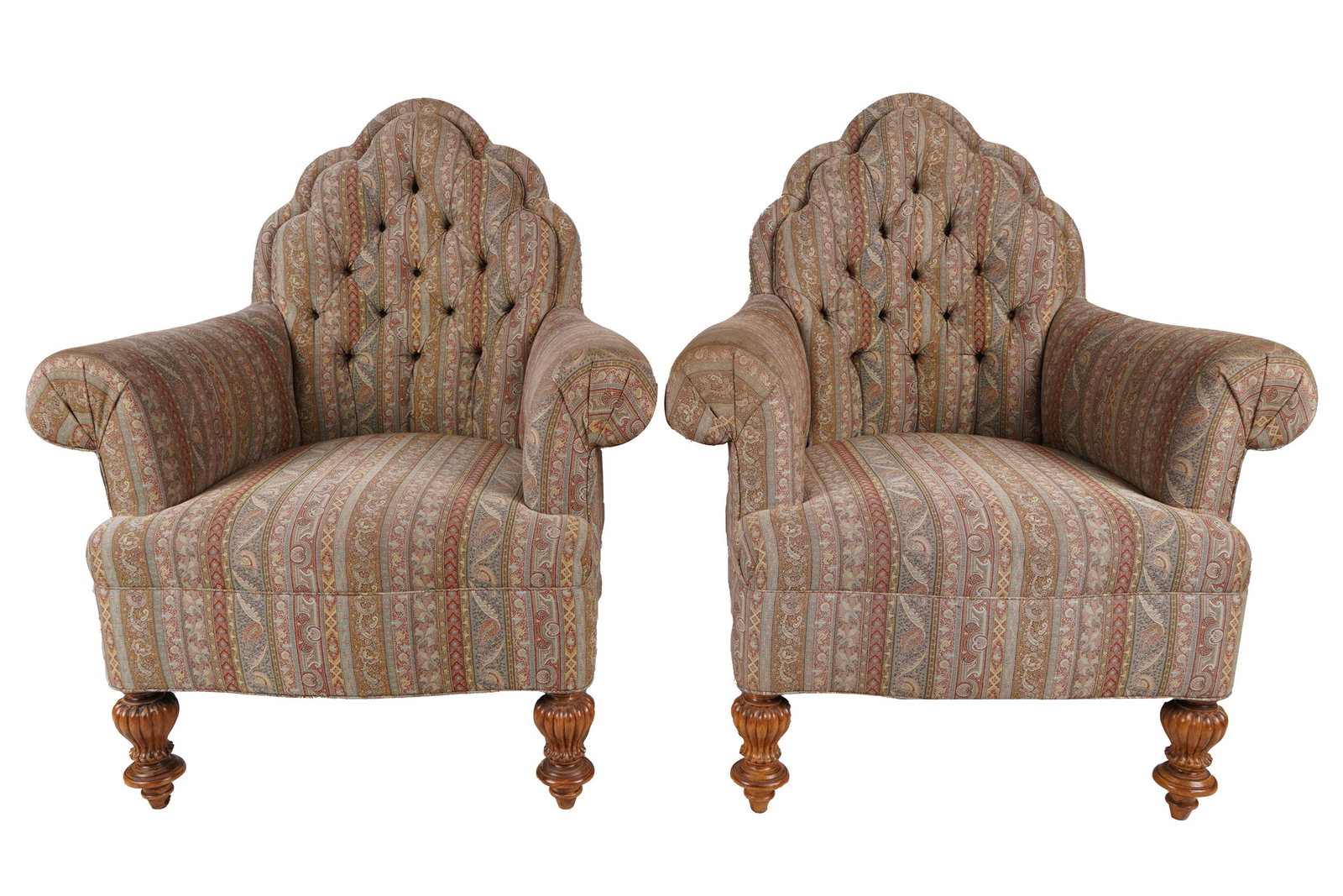 PAIR OF UPHOLSTERED TUFTED ARMCHAIRS: with carved wood legs each 38 inches wide; 28 inches deep; 44 1/2 inches high; seat height: 19 1/2 inches