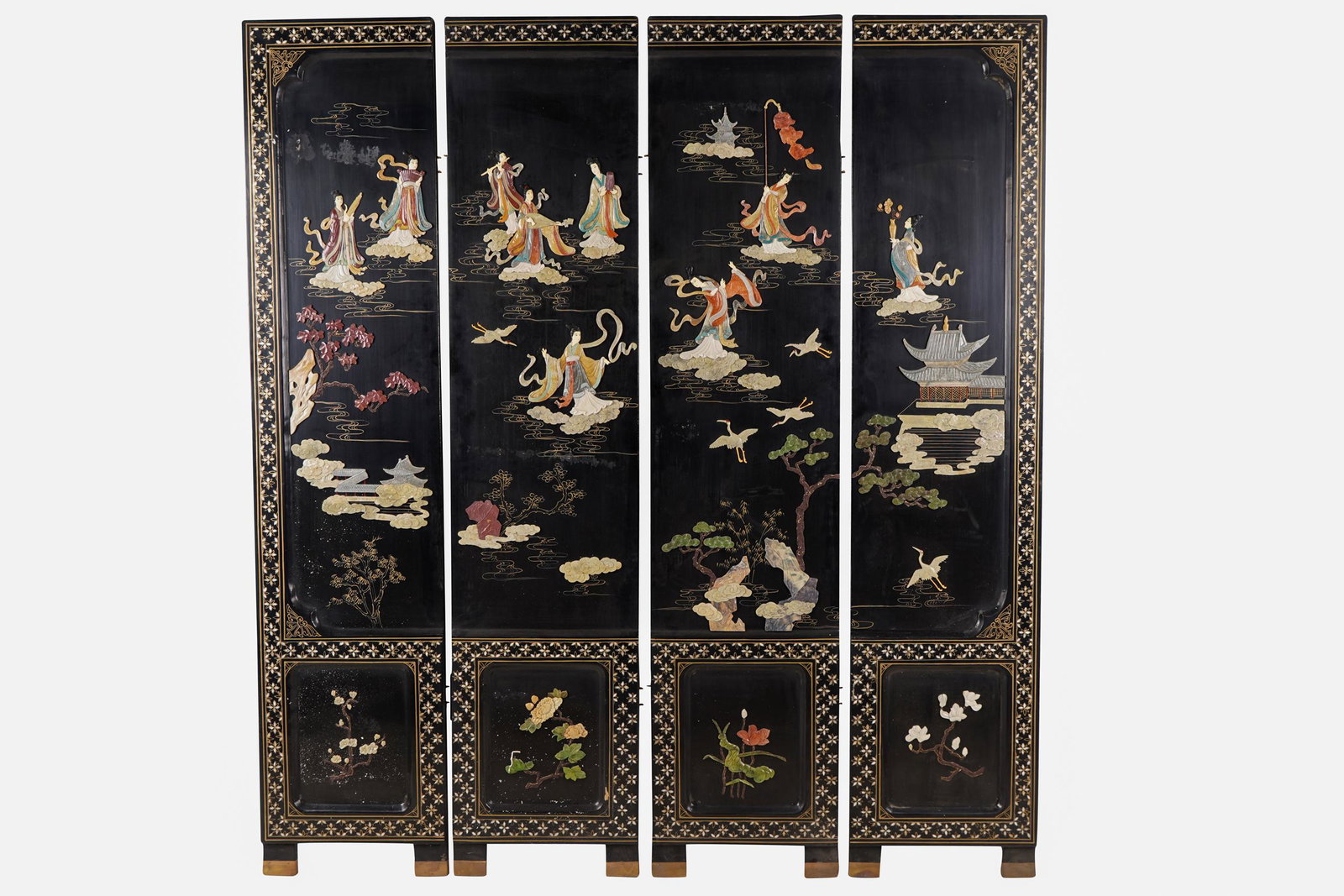 CHINESE STONE-INLAID SCREEN: comprising four panels each panel 16 inches wide; 72 inches high including legs