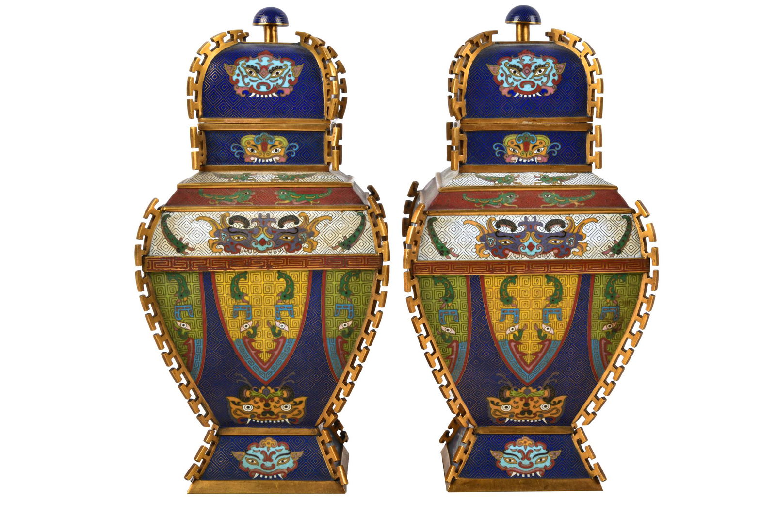 PAIR OF CHINESE GILT BRONZE & CLOISONNE URNS (1 of 13)