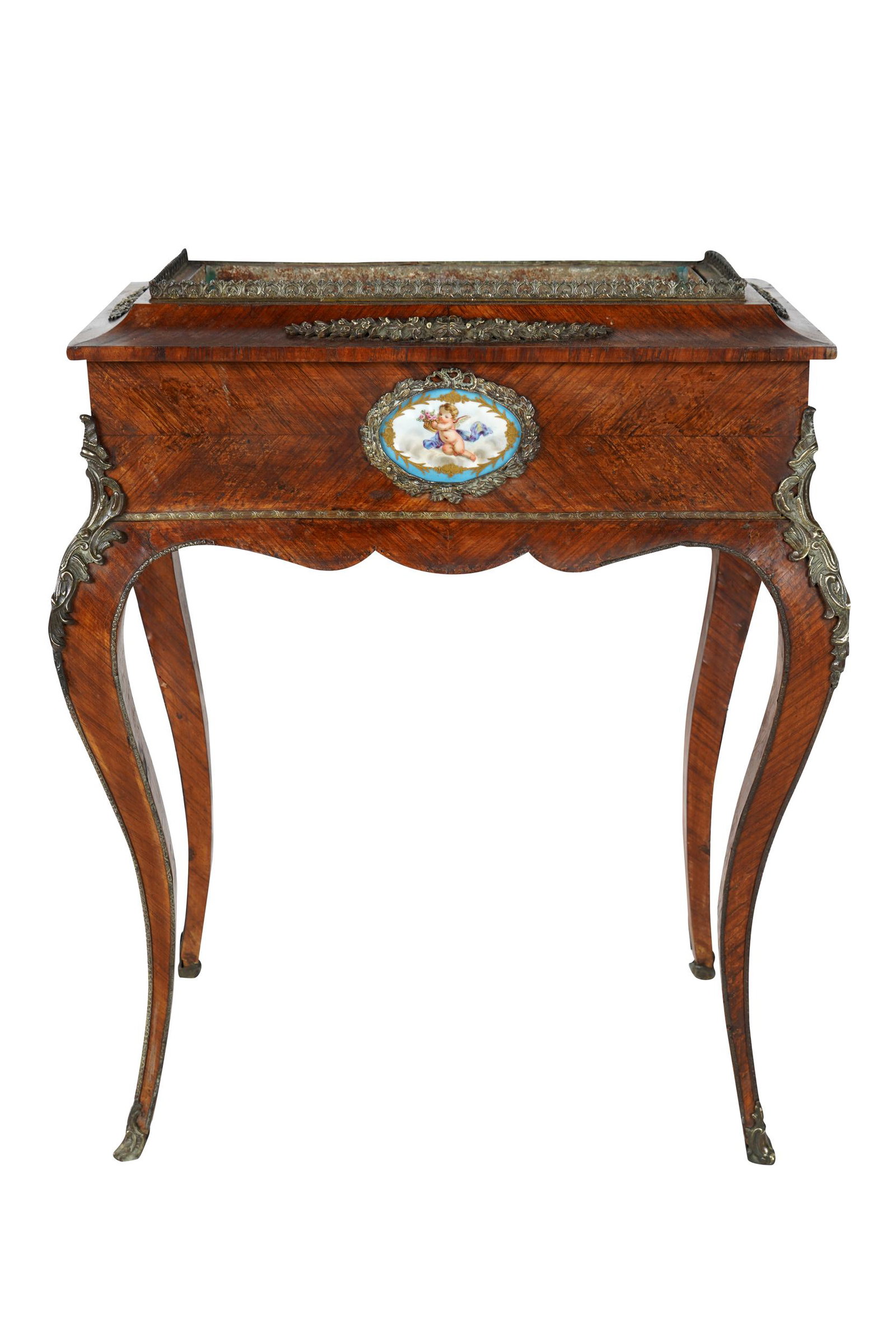 BRONZE & PORCELAIN-MOUNTED JARDINIERE TABLE: with galleried top inset with rectangular metal liner 25 inches wide; 15 1/2 inches deep; 31 inches high