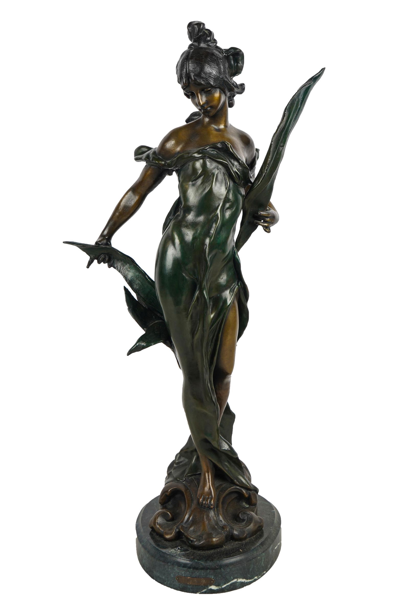 AFTER PIERRE ROCHE (1855 - 1922): "DIANA": signed "P. Roche" dated 1938 ed. 17/30 bronze restrike with green and light brown patination on marble base 28 total inches high