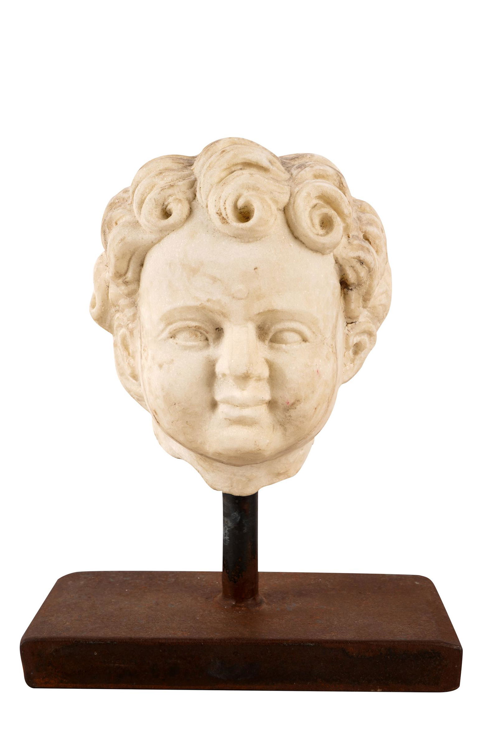 CARVED MARBLE HEAD: modeled after the antique, on a cast iron base head: 6 1/2 inches high; 10 inches high total