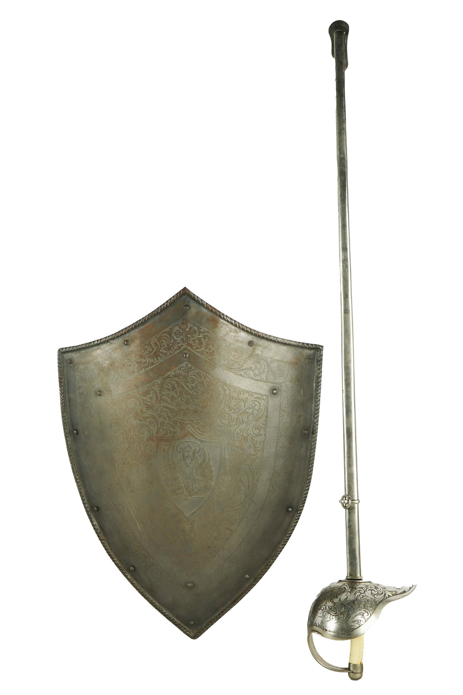 RAPIER WITH SHIELD: shield with the crest of Saint Mark rapier: 42 inches wide; shield: 24 x 18 inches