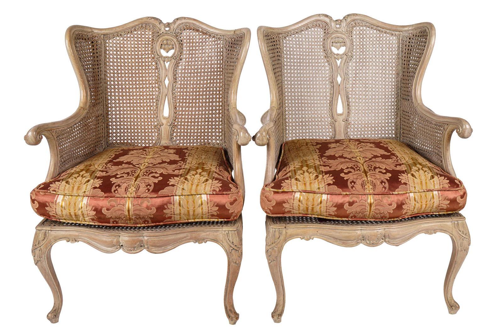 PAIR CARVED & BLEACHED WOOD & CANE BERGERES (1 of 9)