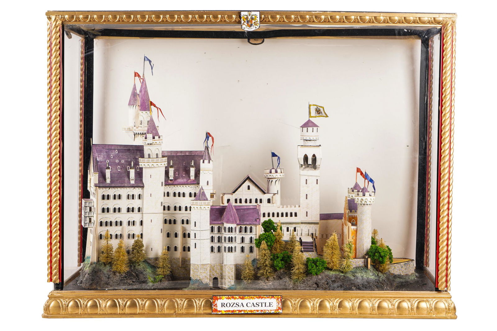 MODEL OF A CASTLE: in display case the case 36 inches wide; 15 inches deep; 26 1/2 inches high