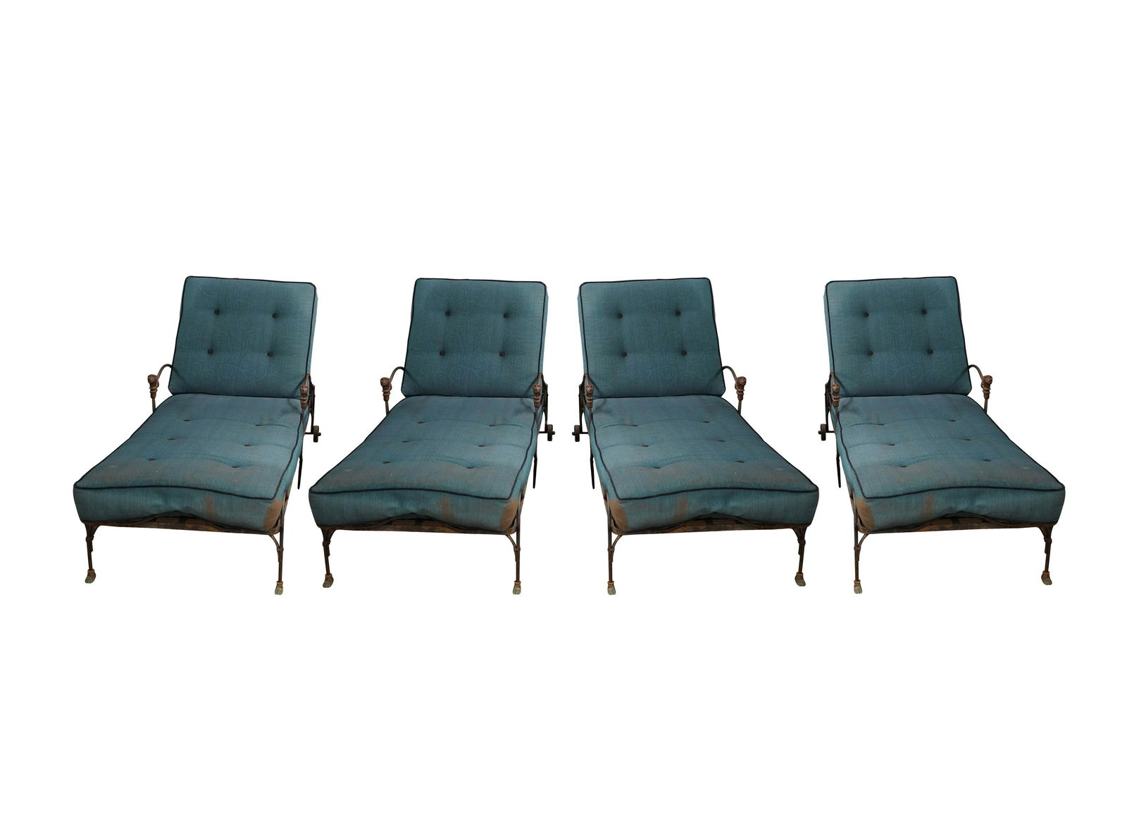 SET OF FOUR IRON CHAISES: with blue upholstered cushions 72 inches wide; 28 inches deep; 18 inches seat height
