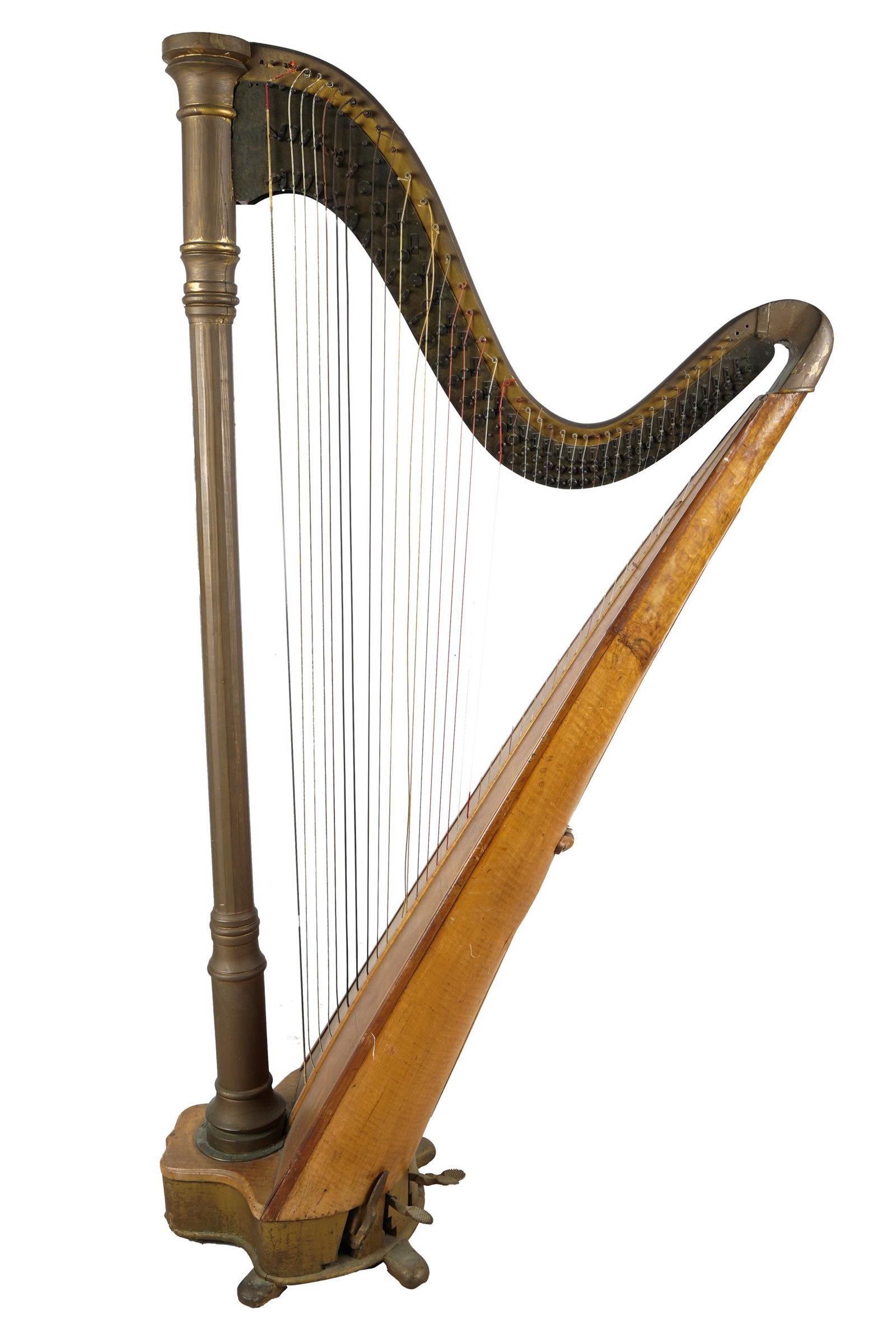 HARP: Condition: with separation, splitting and wear throughout. A crude repair near top. A crack to soundboard. 36 inches wide; 68 inches high