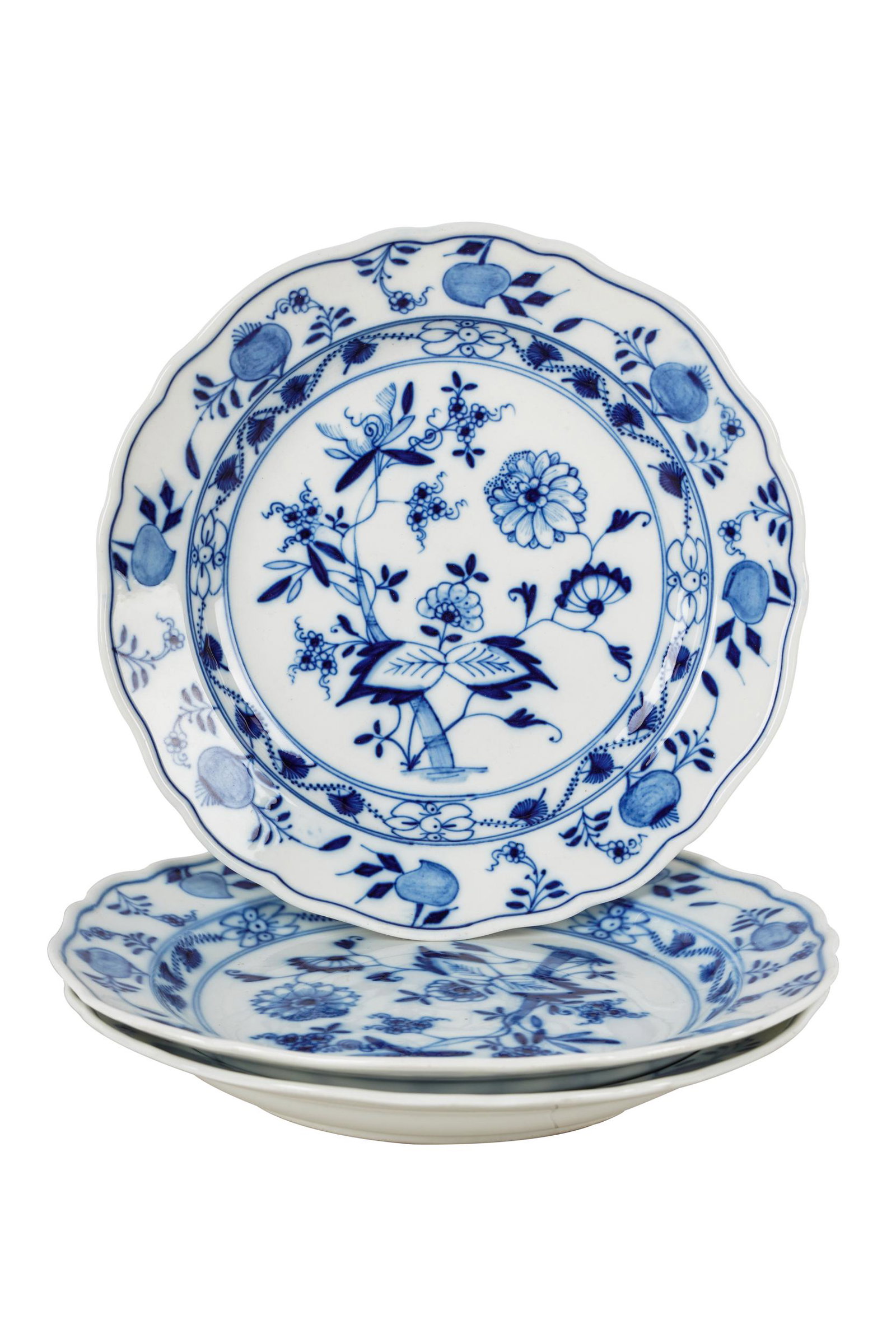 THREE MEISSEN PLATES: each with maker's mark to underside 8 1/4 inches diameter