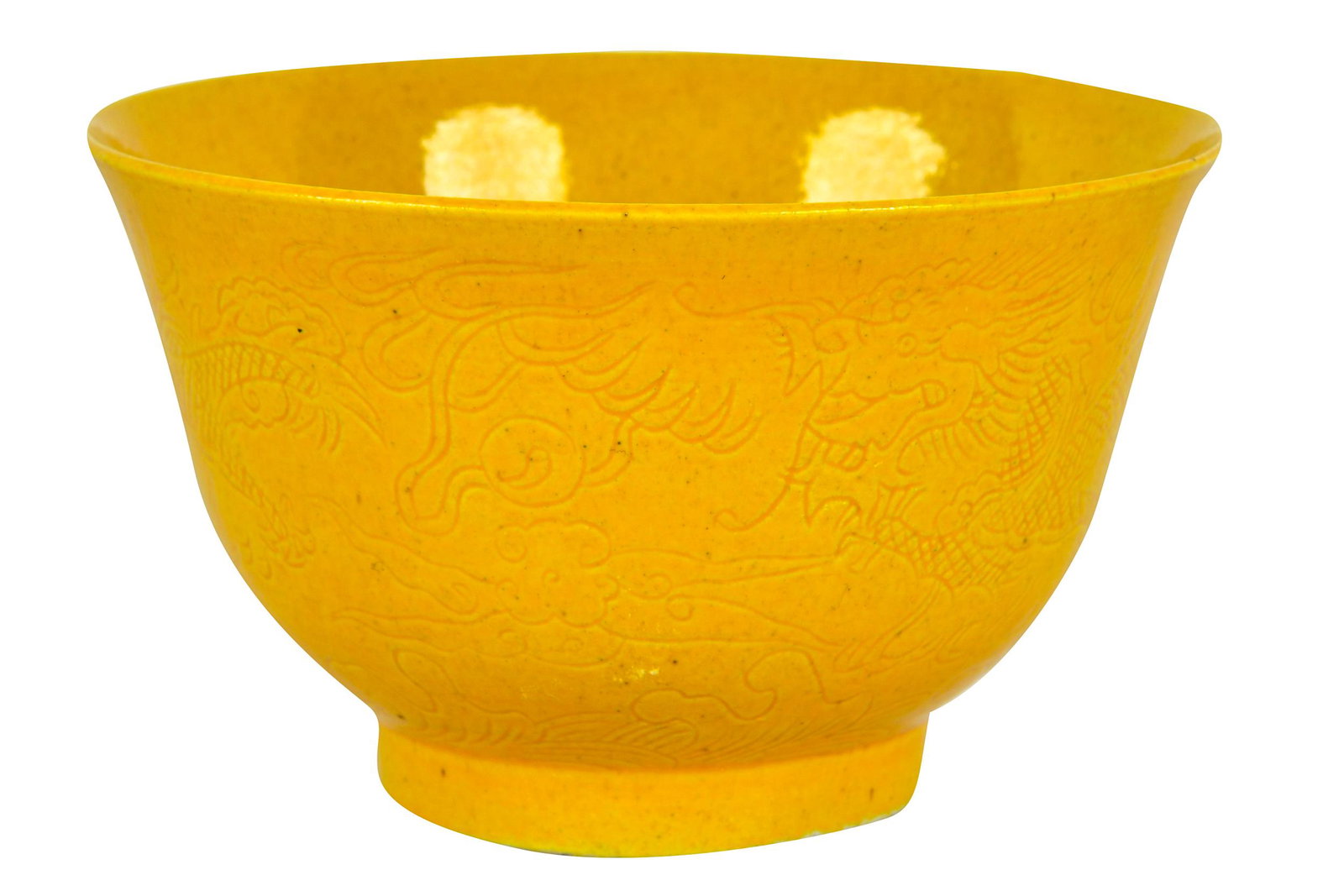 CHINESE YELLOW-GROUND PORCELAIN CUP: with six-character mark, the exterior and interior with incised decoration Condition: no apparent damages or restorations. 3 3/4 inches wide; 2 1/4 inches high