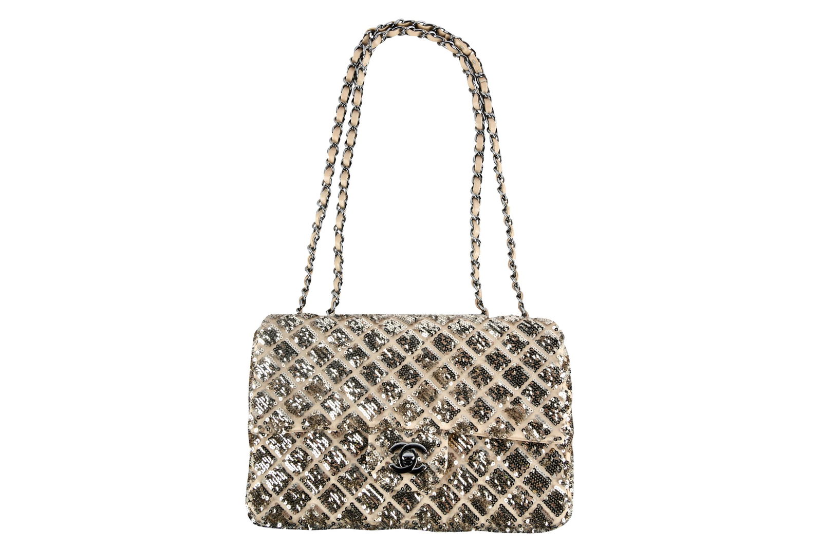 CHANEL BEIGE & GOLD SEQUIN FLAP BAG (1 of 9)