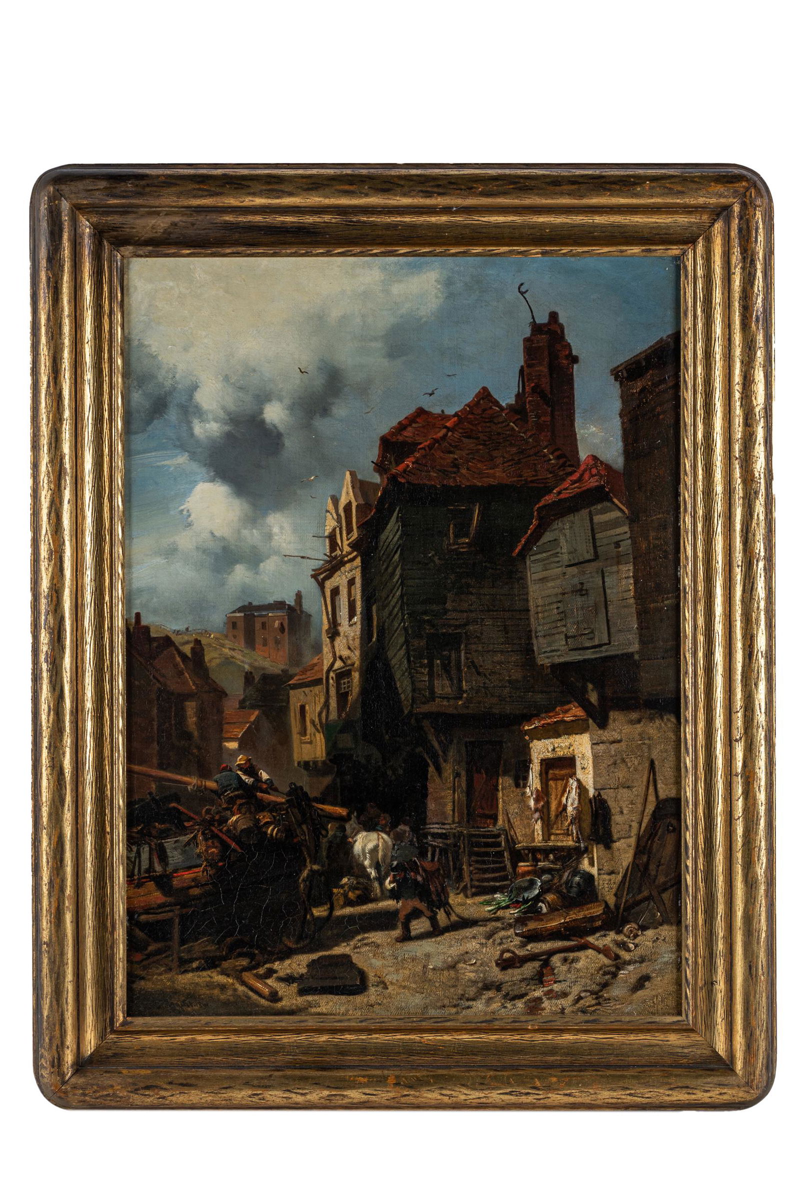 CHARLES HOGUET (1821 - 1870): STREET SCENE: 1860; oil on board, signed and dated lower left 25 x 18 inches