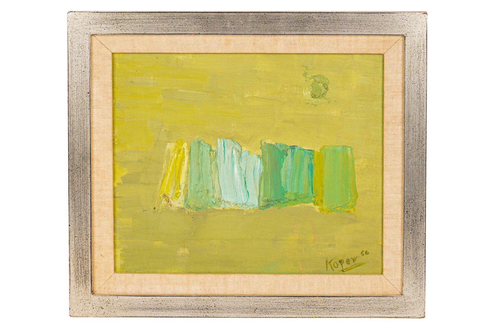 ROSE KUPER (1888 - 1987): "HUDDLED MASSES": 1956 oil on canvas signed lower right, dated on label Provenance: The Estate of Arnold and Joan Travis 9 x 12 inches; 13 1/2 x 15 inches frame