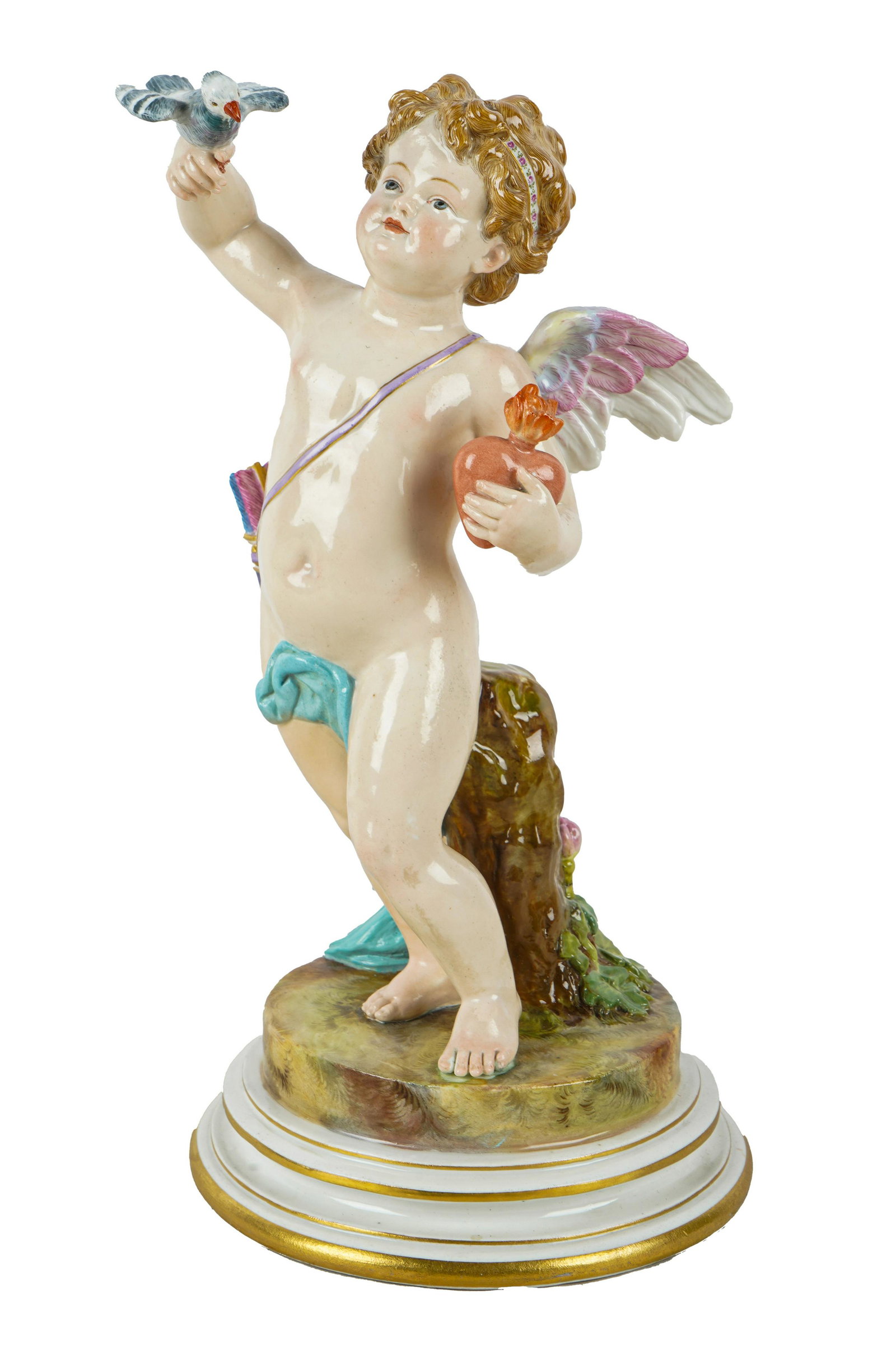 MEISSEN PORCELAIN FIGURE OF A CHERUB: blue crossed swords mark to underside 11 1/4 inches high