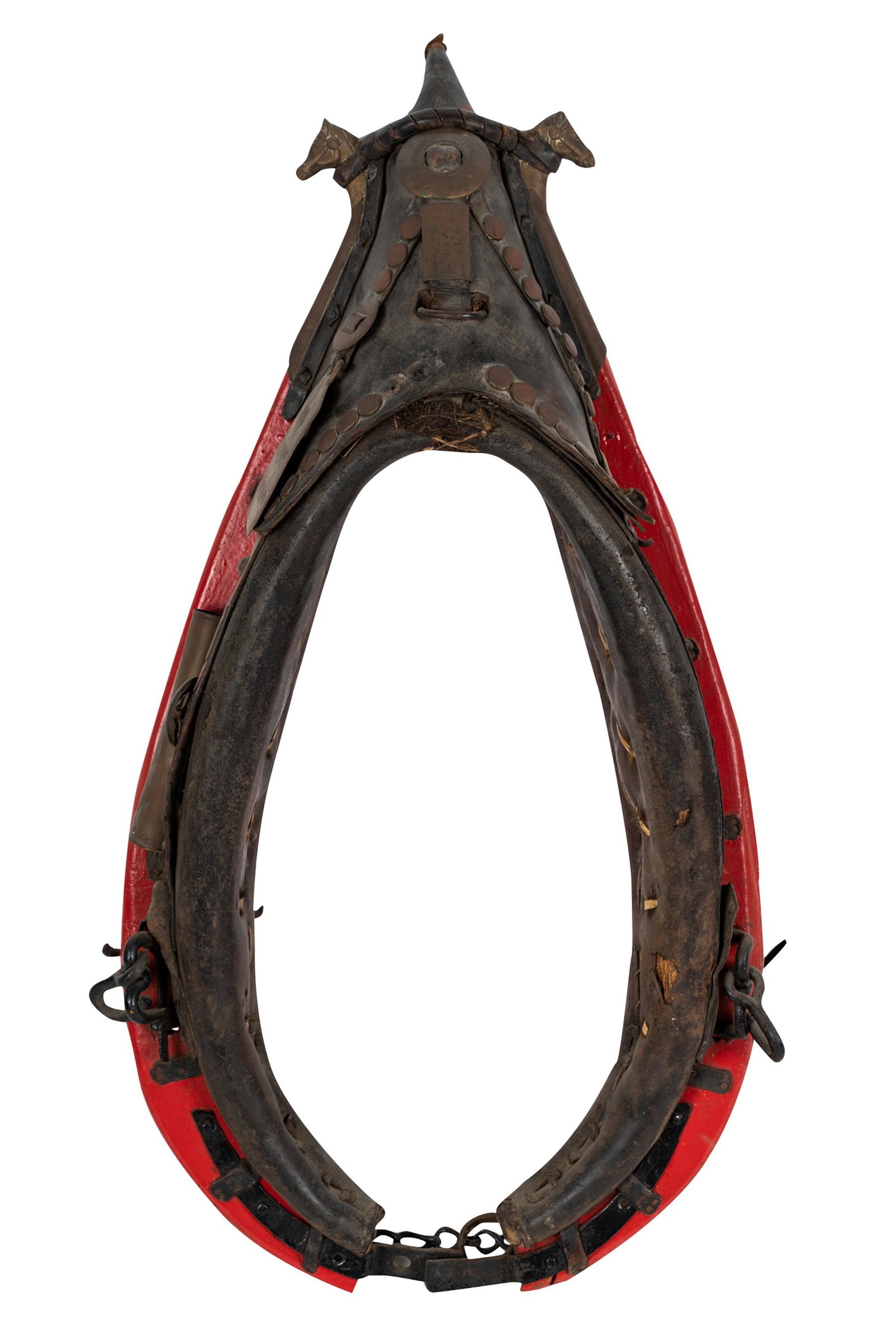 YOKE SADDLE: with painted red border and brass placard on side Condition: with added picture wire; some breaks to leather strapping commensurate with age and use 19 inches wide x 38 1/2 inches wide