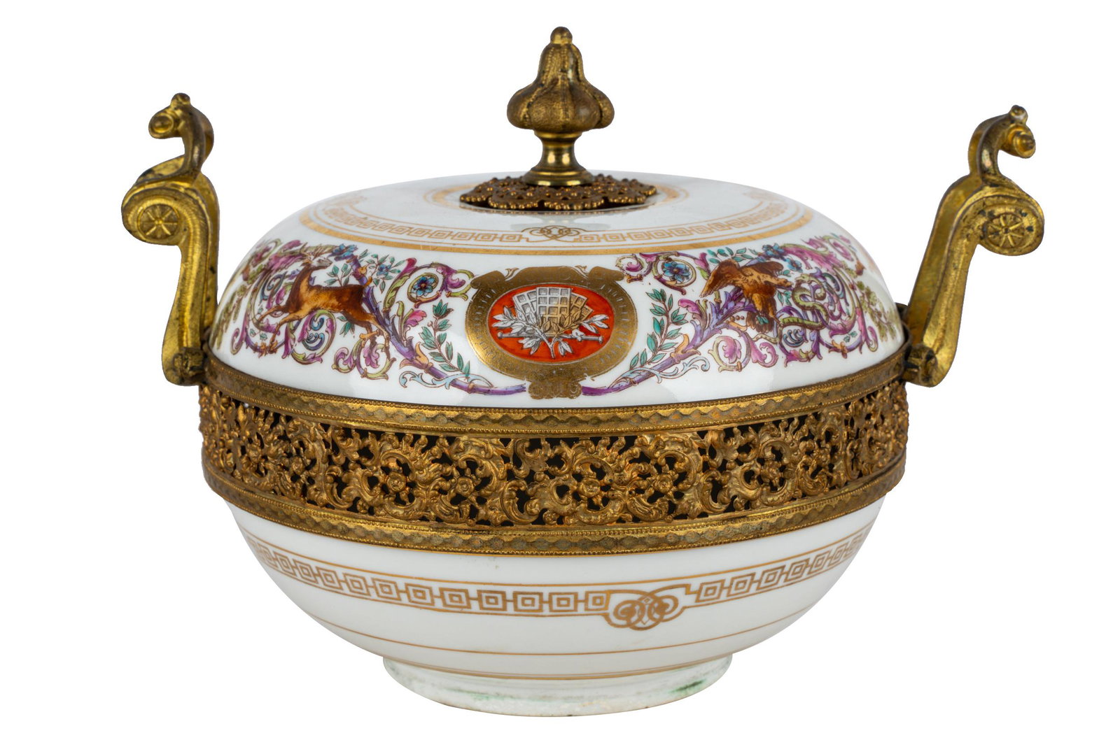 SEVRES WHITE-GROUND PORCELAIN POTPOURRI BOWL: with printed blue "Sevres 1846" mark, printed grey crowned "SV 40" mark, and printed red "Chateau des Tuileries" mark, the domed circular top with ormolu finial, over a circular body with pierced ormo