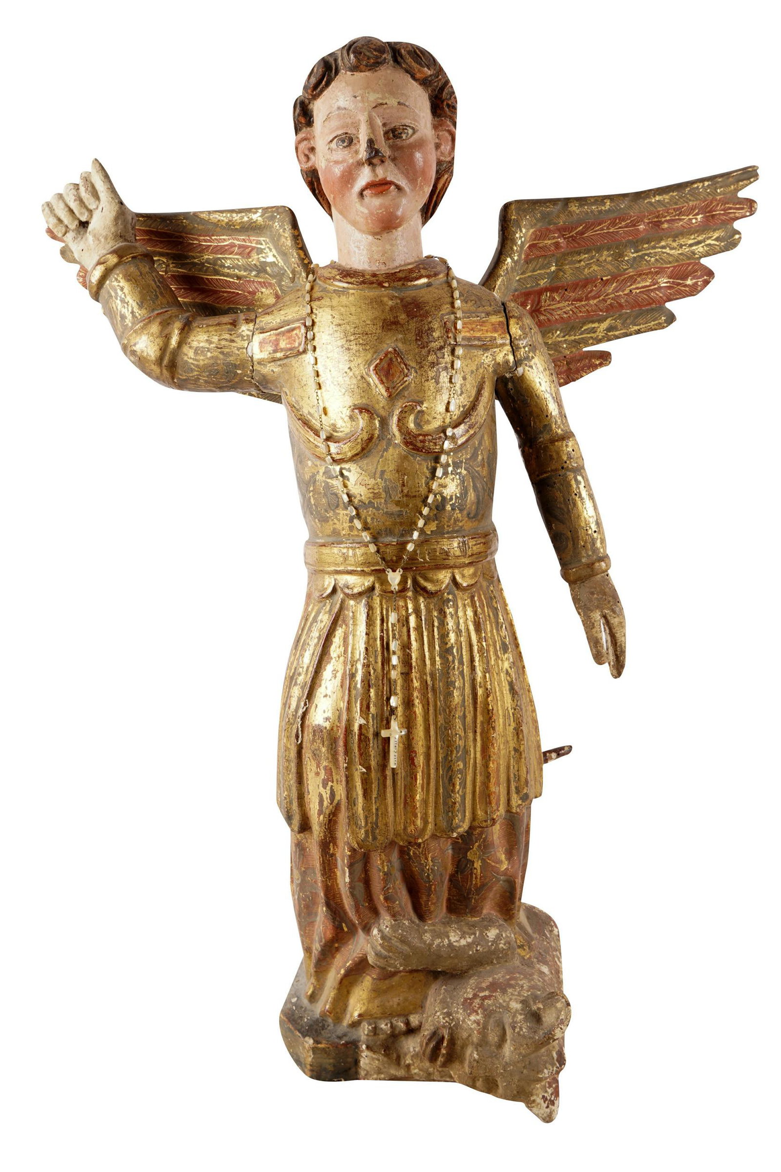 COLONIAL CARVED & POLYCHROMED WOOD SANTO: depicting Saint Michael Provenance: The Estate of Bob Gibson, Los Angeles 19 1/2 inches wide; 7 inches deep; 25 inches high