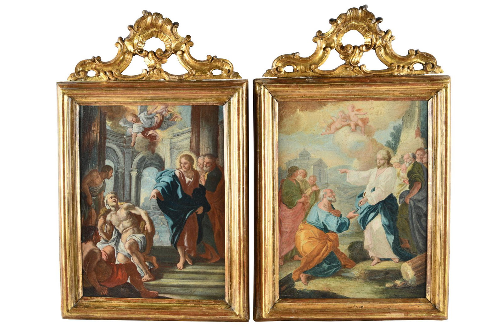 POSSIBLY CIRCLE OF PIETRO BIANCHI (1694 - 1740): TWO: Christ Handing the Keys to St. Peter & "Healing of the Paralytic at the Pool of Bethesda" each oil on canvas, with sticker verso inventory no. G8283/2/2, paper with 'Sig Perfetti Fiorenzo" Condition: 