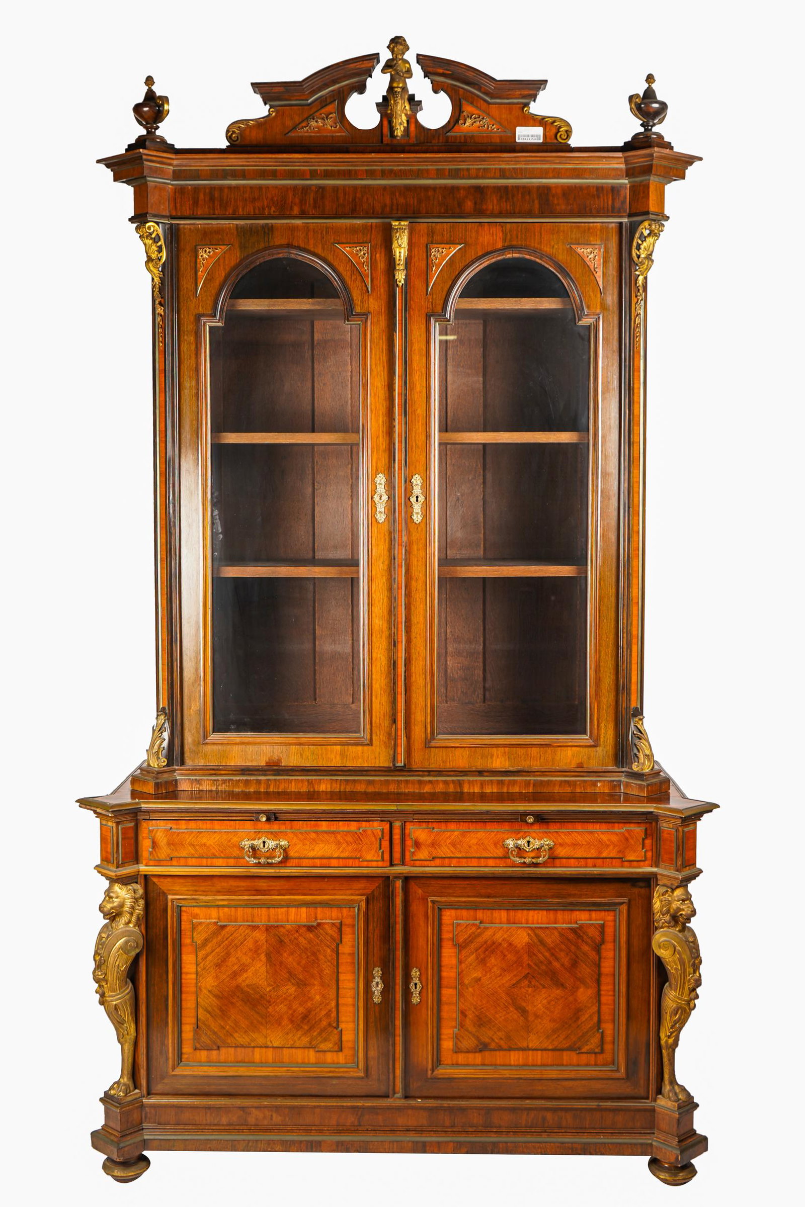 RENAISSANCE REVIVAL BRONZE-MOUNTED CABINET: late 19th century parquetry-inlaid with oak secondary wood, constructed in two sections; the upper section with glazed doors enclosing three shelves, the lower section with two sliding shelves over tw