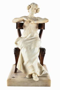 DANTE ZOI (19/20TH CENTURY): SEATED WOMAN: marble and wood signed to base Condition: repair and chips to gown. Left foot appears to be glued. Chips to corner of chair. Some separation in wood. Surface scratches throughout. 15 inches wide; 11 1