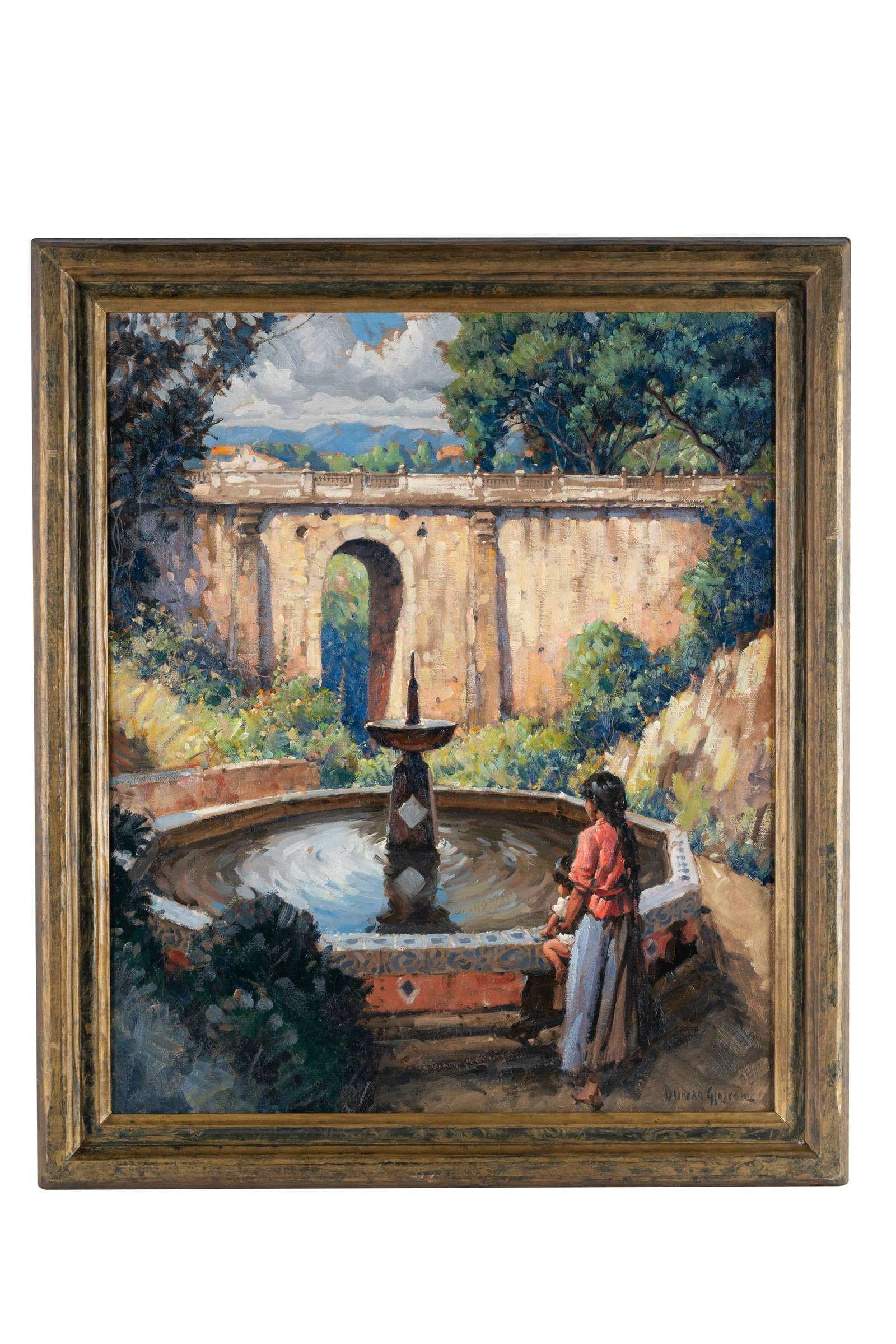 DUNCAN GLEASON (1881 - 1959): "AT THE FOUNTAIN": oil on canvas signed lower right Provenance: Duncan Gleason label verso 30 1/4 x 25 inches; 35 x 30 1/2 inches frame
