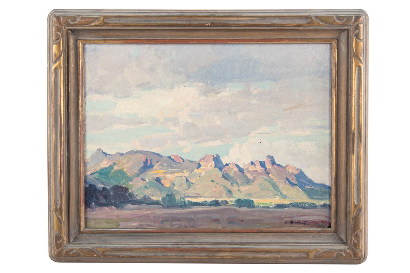 HANSON DUVALL PUTHUFF (1875- 1972): MOUNTAIN LANDSCAPE: oil on board signed lower right Provenance: The Estate of Audrey Steele Burnand, Newport Beach 12 x 16 inches; 16 x 19 3/4 inches frame