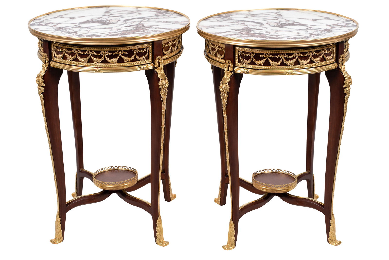 PAIR OF LOUIS XV STYLE GILT BRONZE-MOUNTED GUERIDONS: each with marble top Condition: with restorations to marble top 20 1/2 inches diameter; 30 1/4 inches high