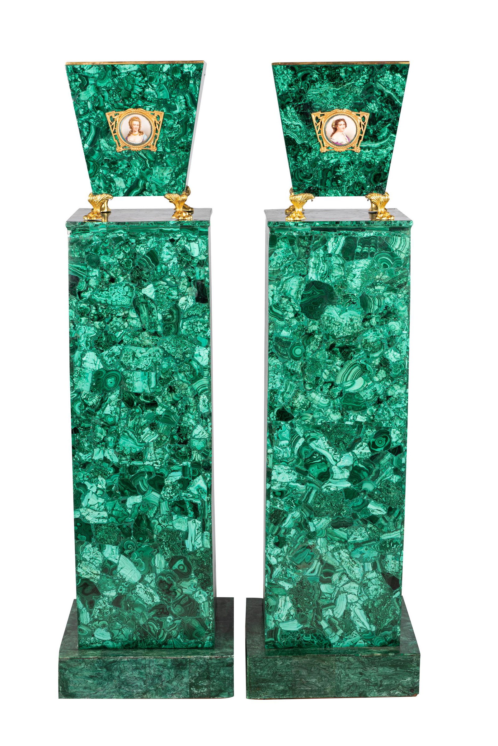 PAIR FAUX MALACHITE PLANTERS ON MALACHITE PEDESTALS (1 of 13)