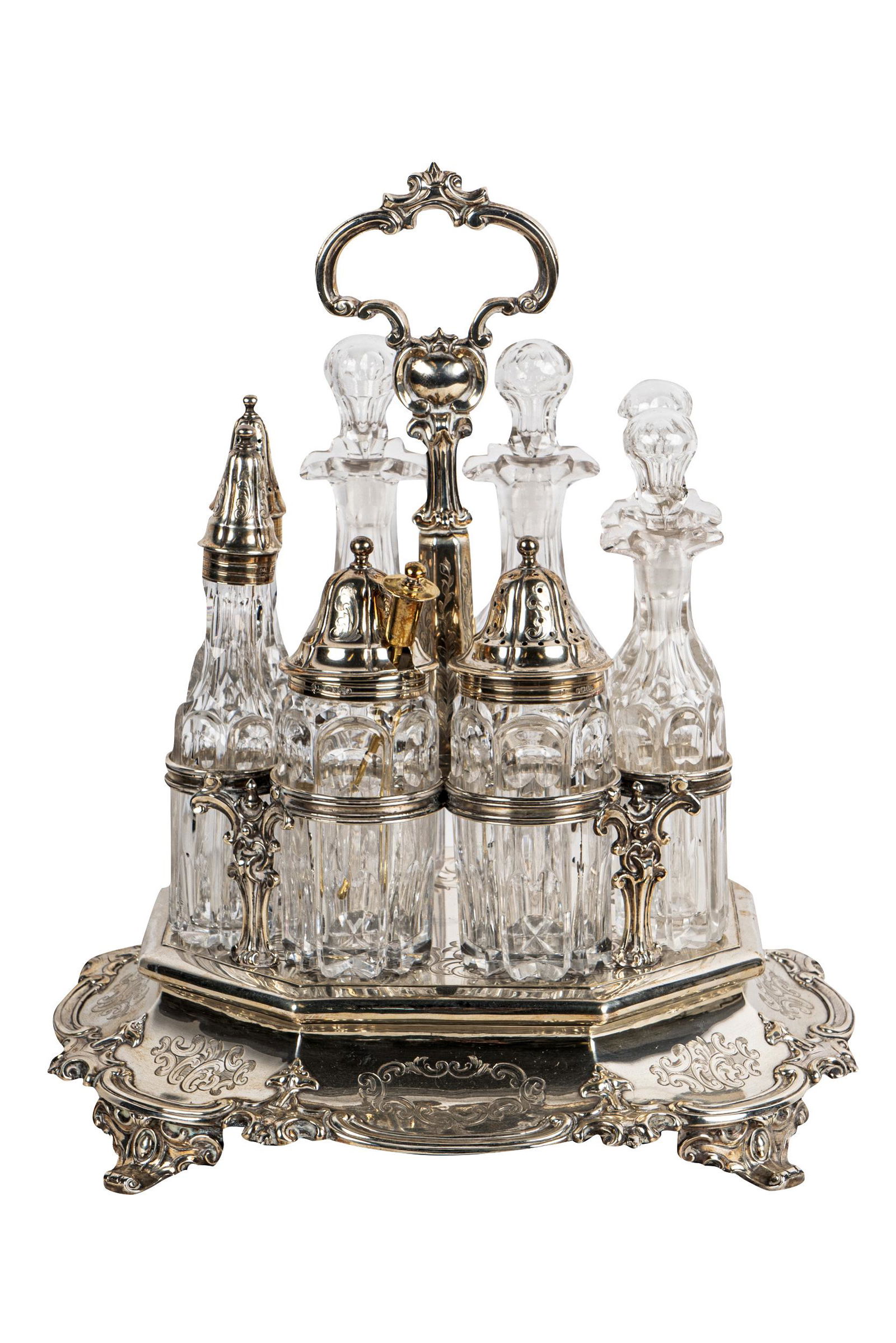 VICTORIAN SILVER & GLASS CRUET SET (1 of 8)