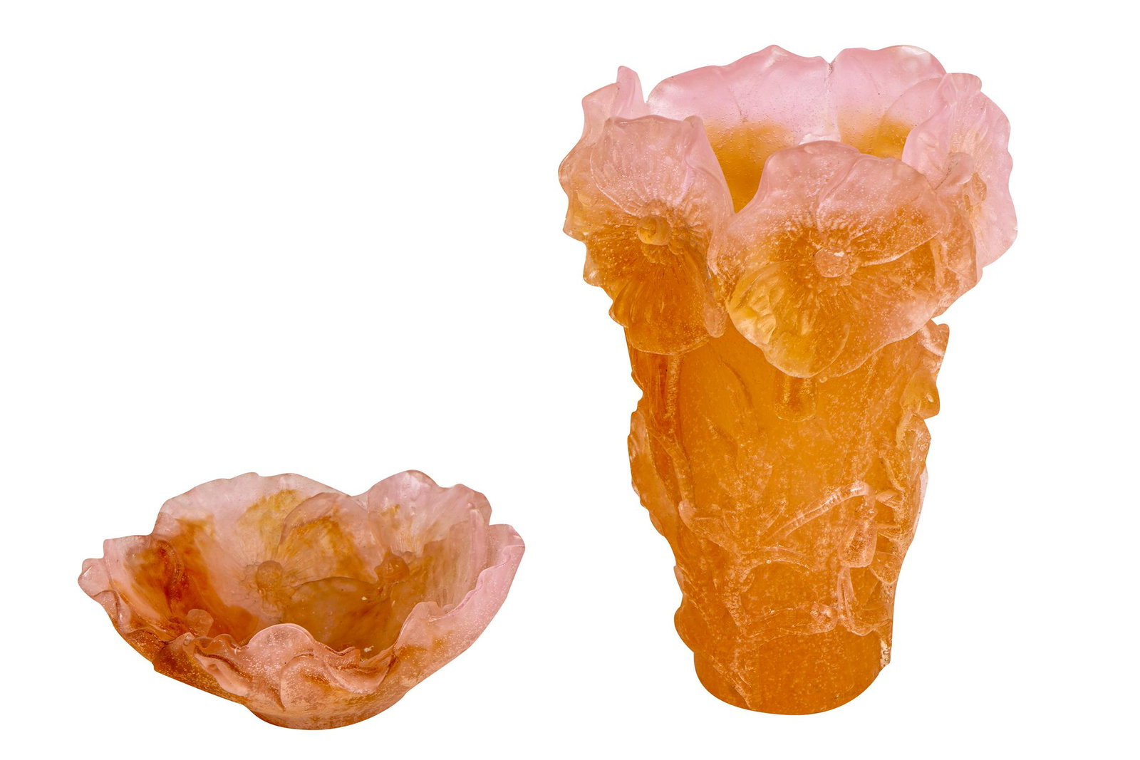 TWO DAUM MOLDED GLASS PIECES: pink pate-de-verre the tallest measuring 7 inches high