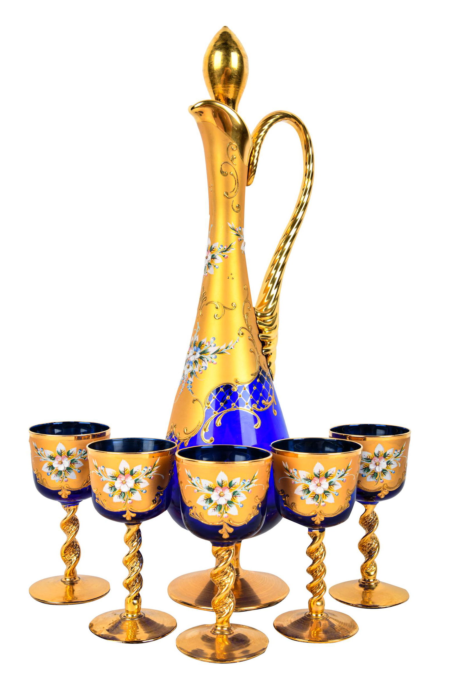 BOHEMIAN GILT OVERLAY & COBALT GLASS DRINK SET (1 of 8)