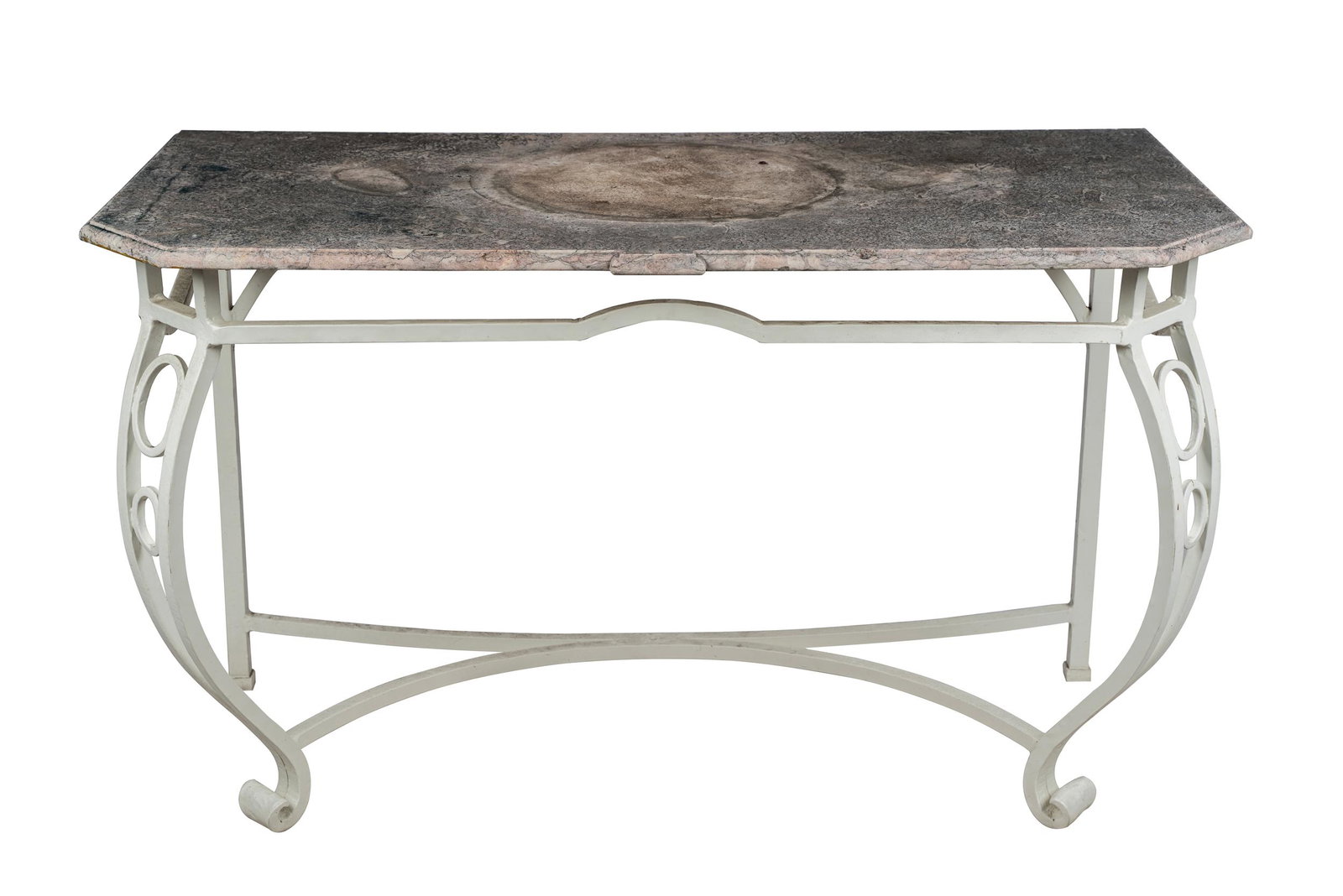 STONE-TOP ALUMINUM CONSOLE: Condition: top with a rough, unpolished, weathered surface; top with a chips to upper edge on front side and near back right corner 47 inches wide; 23 inches deep; 29 inches high