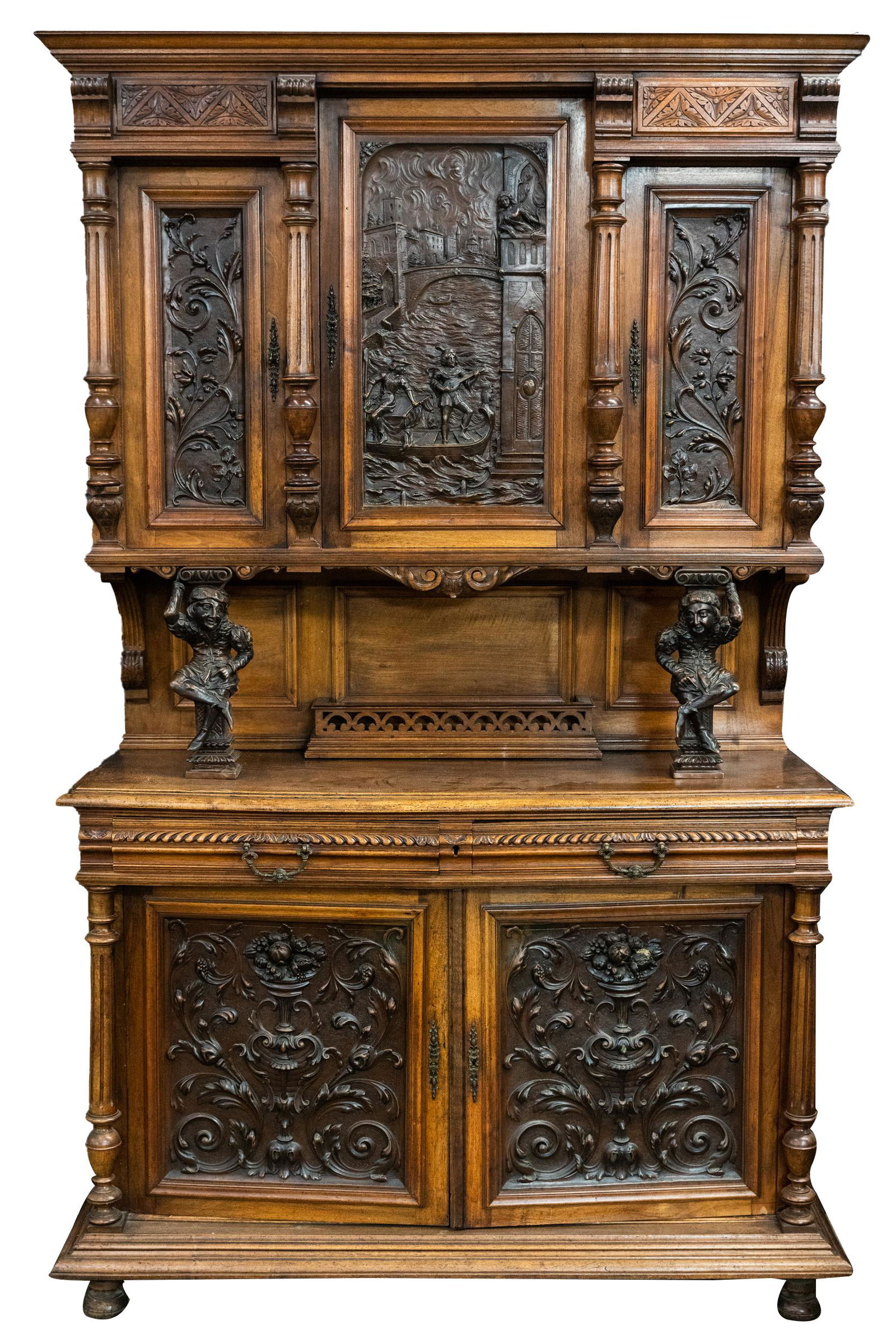 FRENCH CARVED WALNUT &  BRONZE TWO-PART BUFFET (1 of 20)