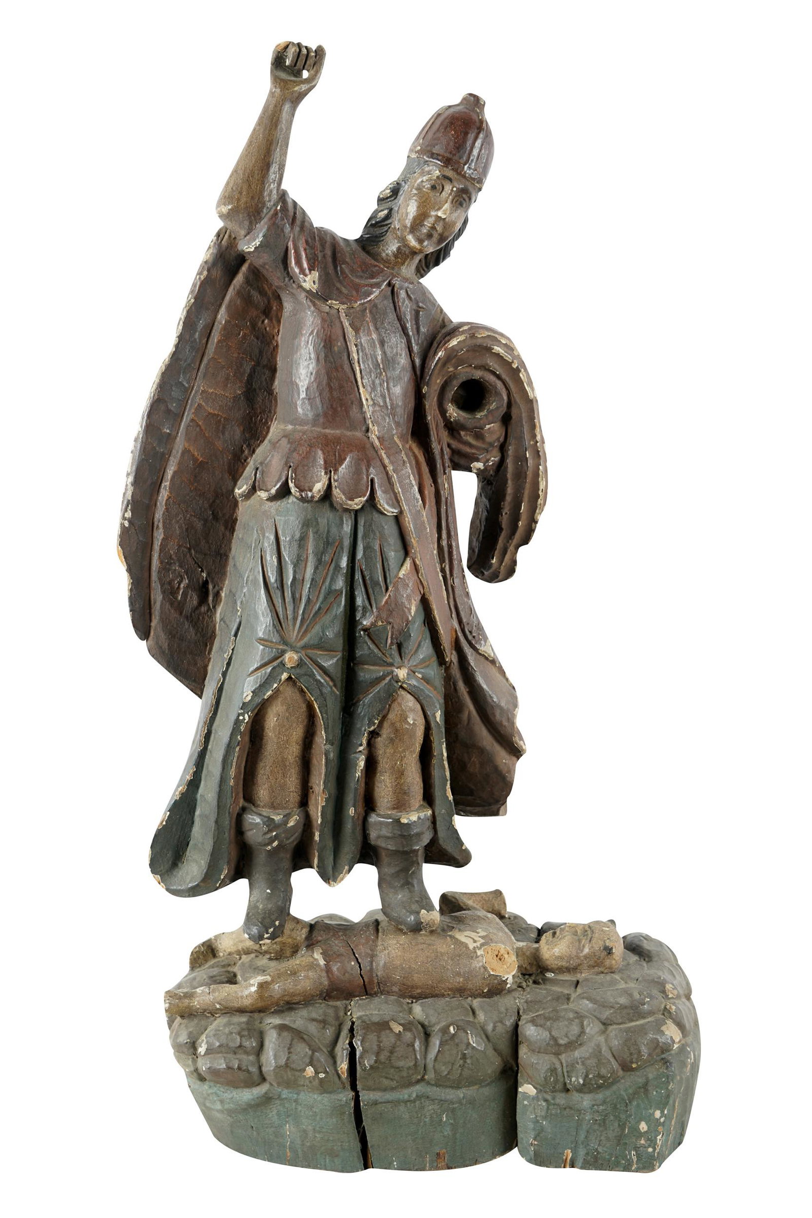 WOOD CARVED FIGURE OF SAINT GABRIEL: Condition: with wood chips and loss to figures throughout 13 1/2 inches wide; 29 inches high